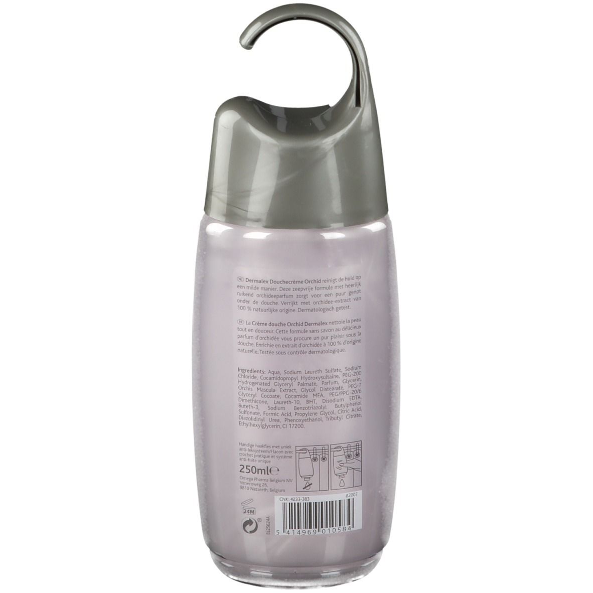 Achterkant van de Dermalex Duschcreme Orchidee fles. Tekst en ingrediënten op roze etiket.