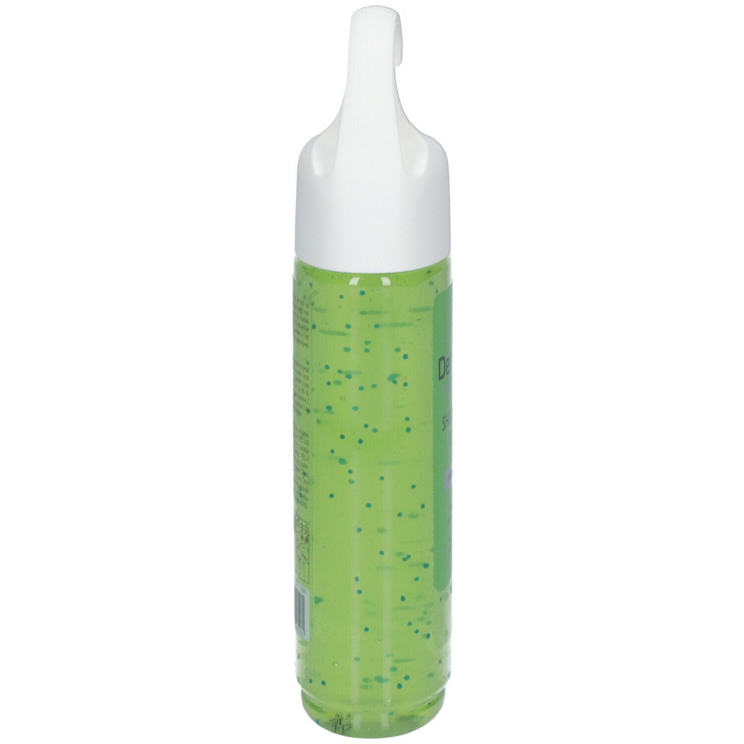 Douchegelfles, zijaanzicht. Groene inhoud met kleine groene deeltjes. Witte hanger.