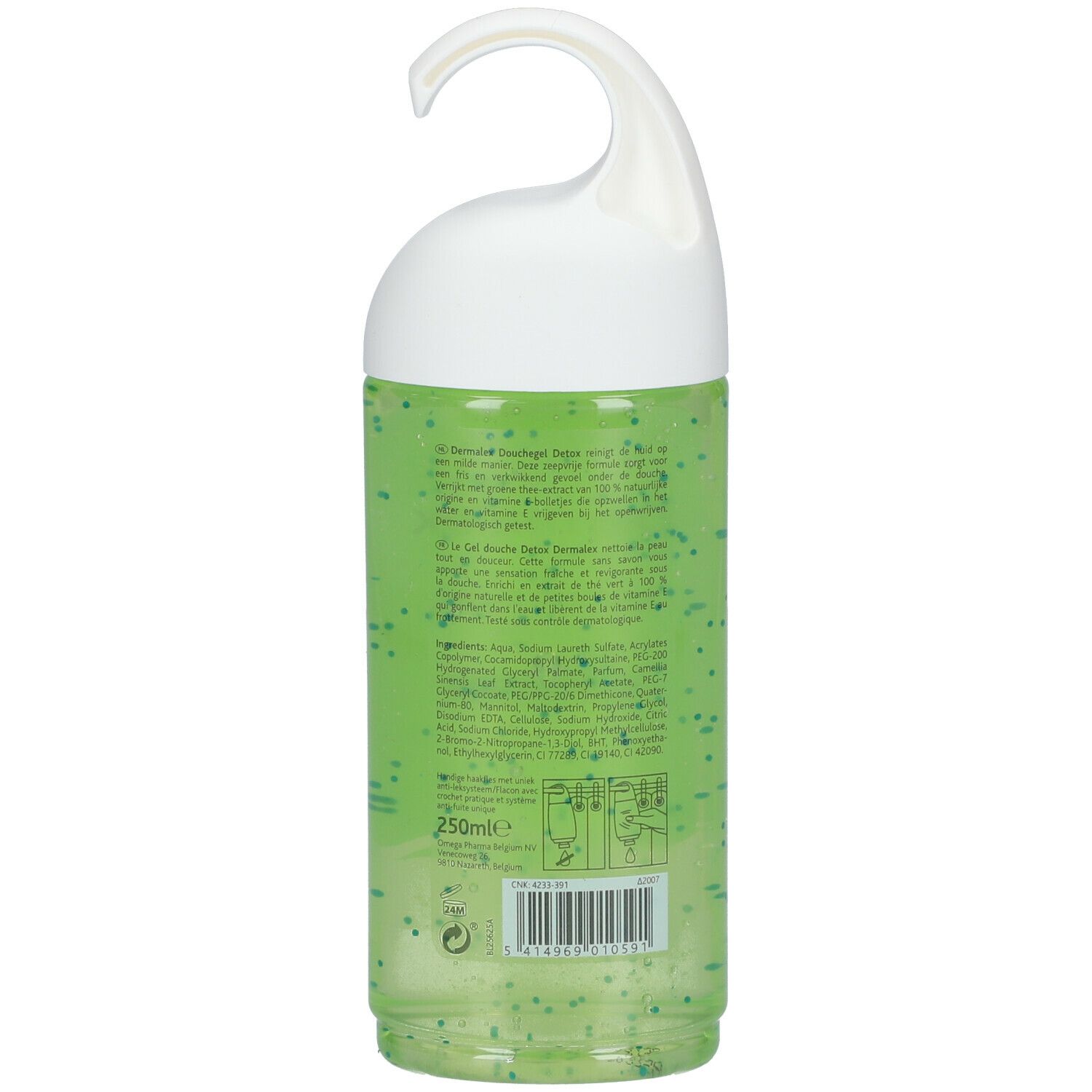 Douchegelfles, achterkant. Groene inhoud met kleine groene deeltjes. Meertalige tekst. Witte hanger.