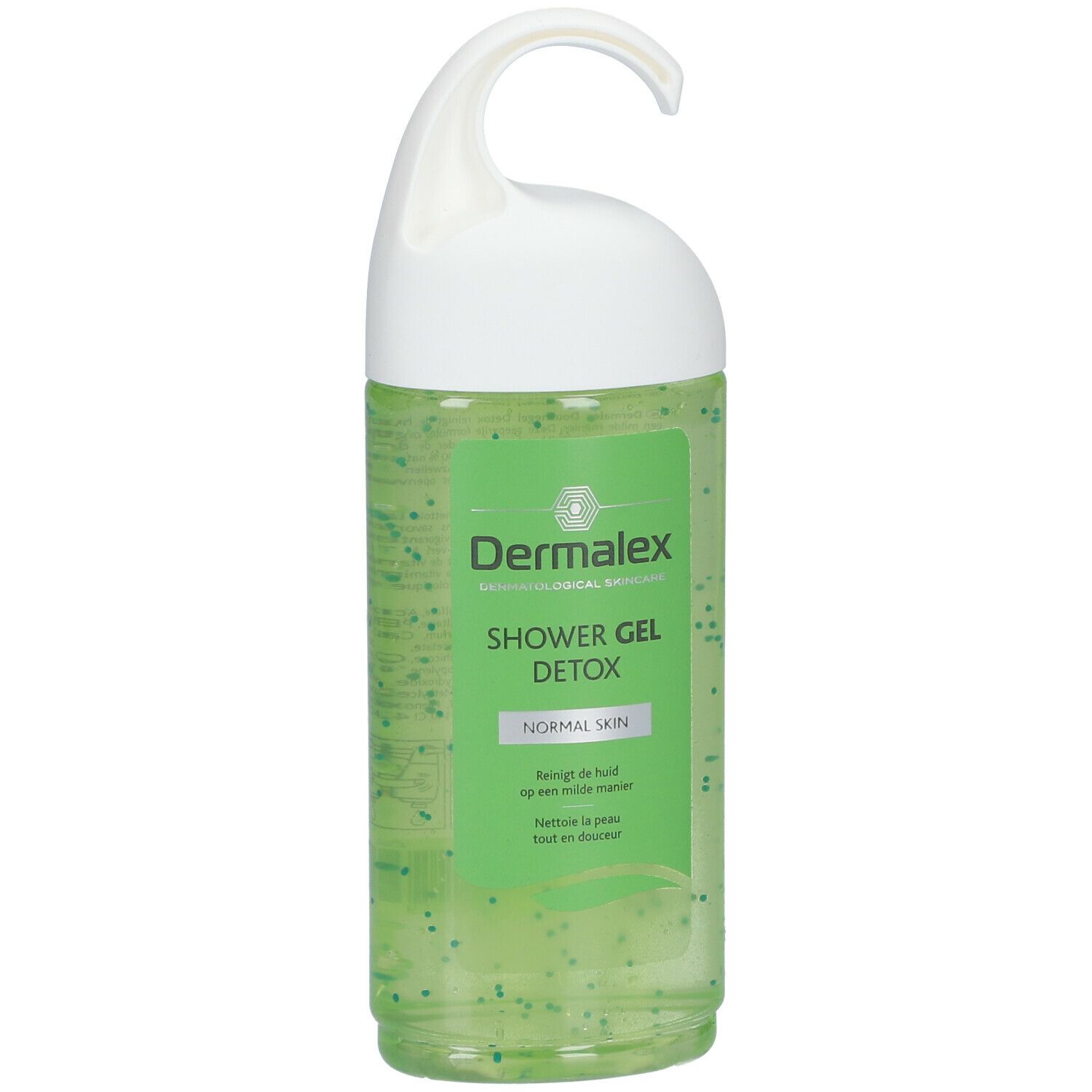 Douchegelfles met groene inhoud en witte hanger. Opschrift: Dermalex, Shower Gel Detox, Normal Skin.