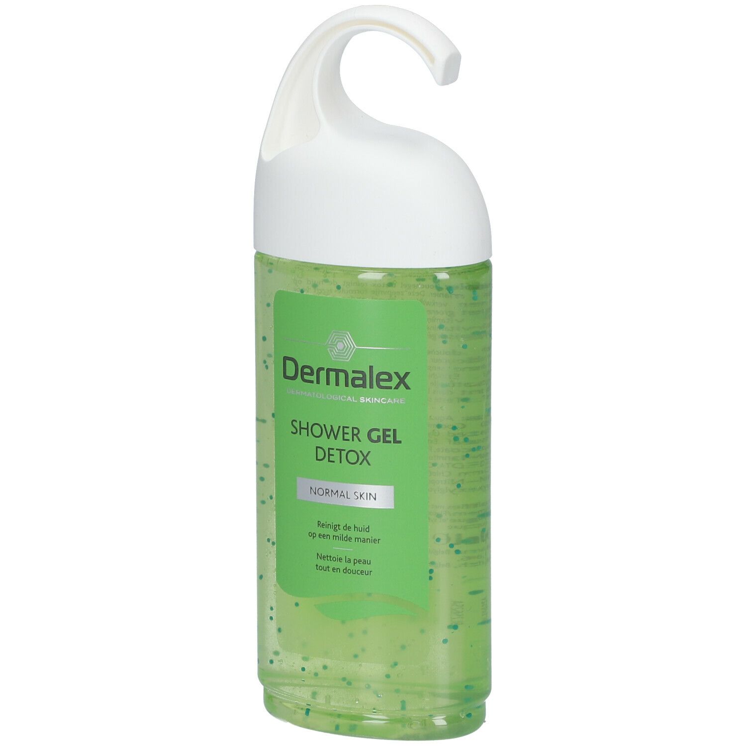 Douchegelfles met groene inhoud en witte hanger. Opschrift: Dermalex, Shower Gel Detox, Normal Skin.