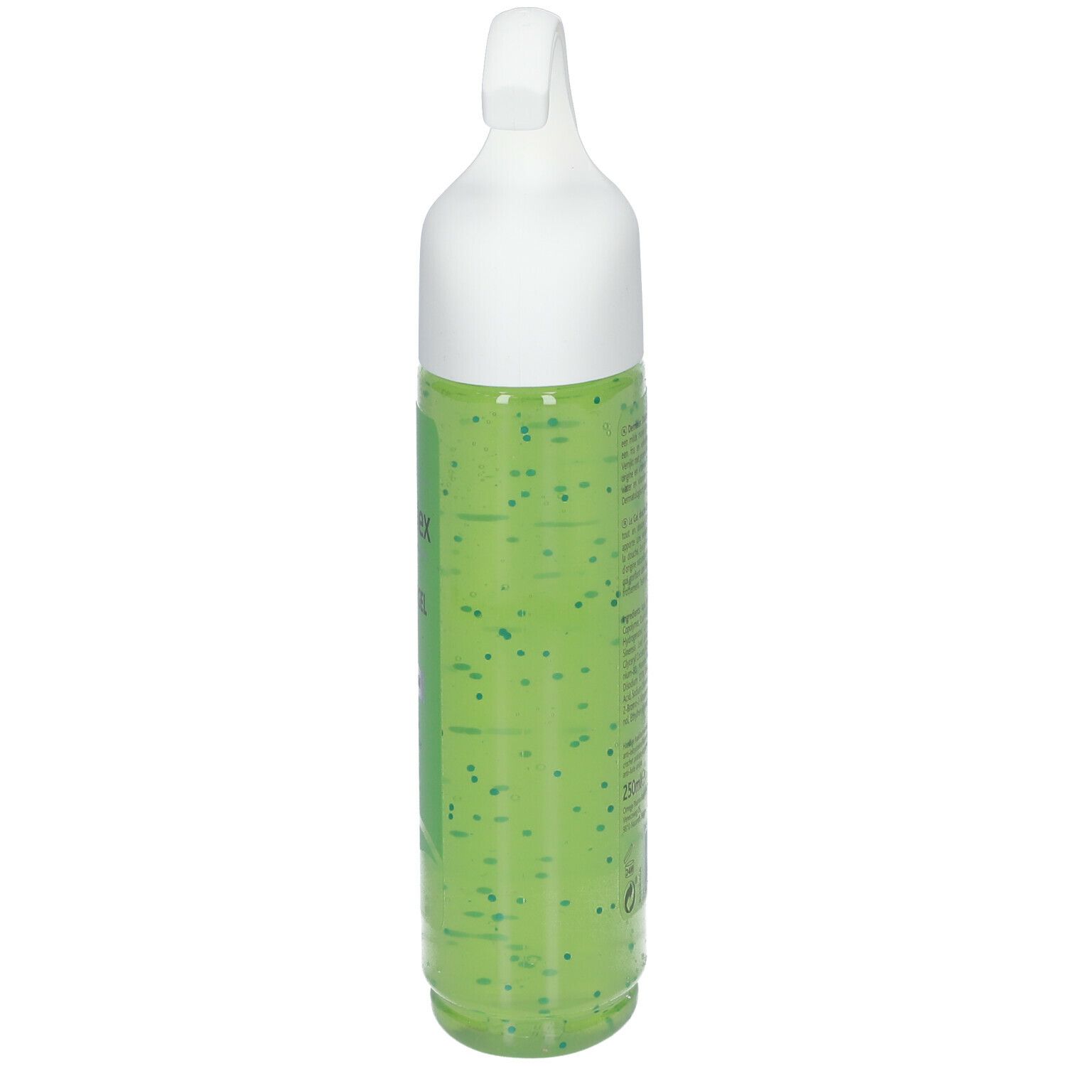 Douchegelfles, zijaanzicht. Groene inhoud met kleine groene deeltjes. Witte hanger.