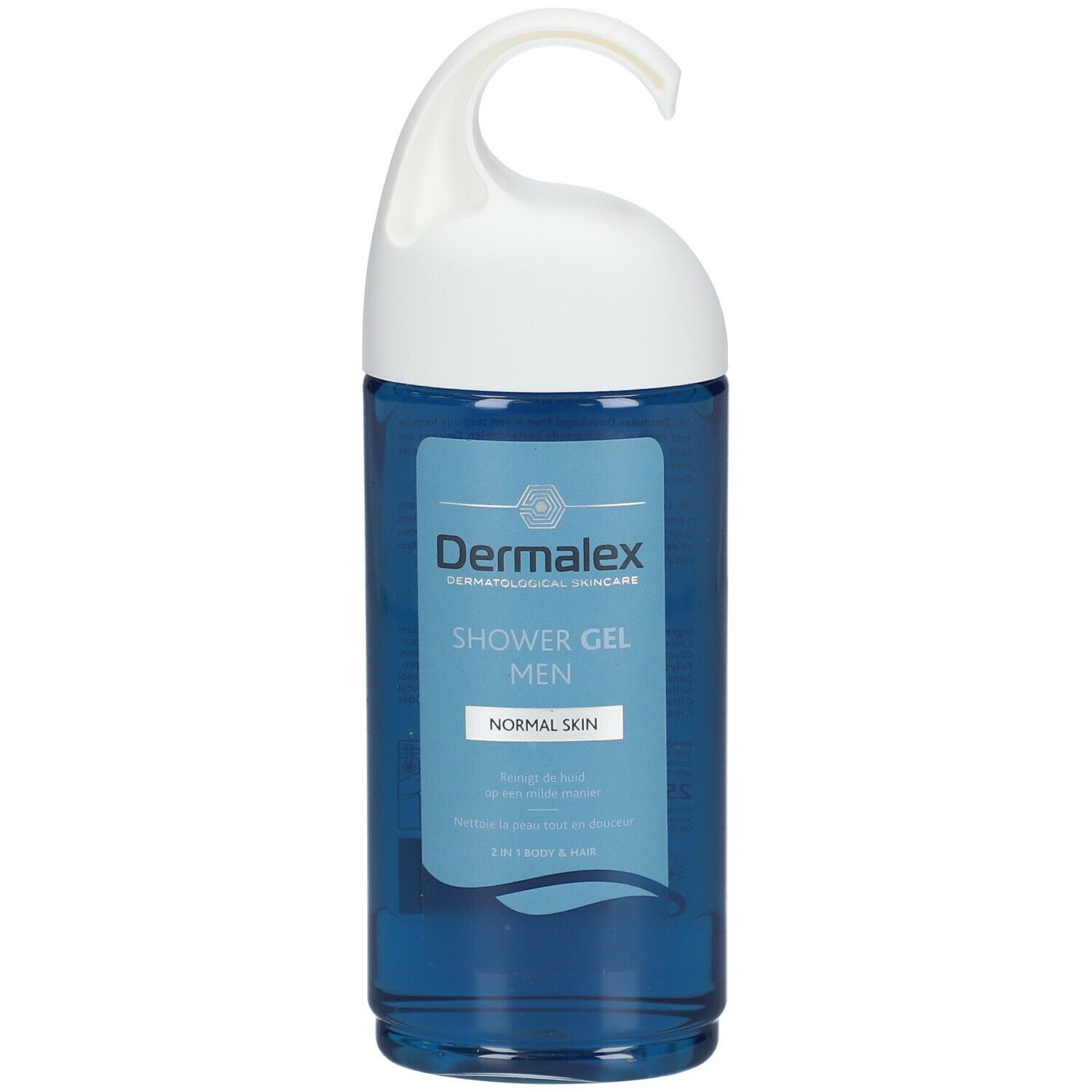 Gel douche Dermalex Men, flacon bleu avec crochet blanc. Inscription: Shower Gel Men, Normal Skin.