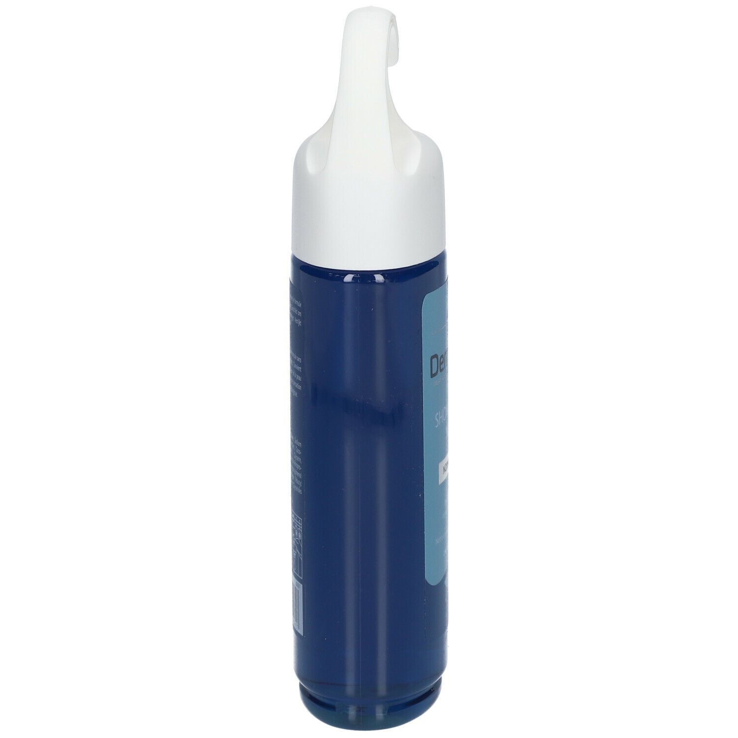 Flacon de gel douche bleu avec crochet blanc. Vue latérale. Texte sur l'étiquette illisible.