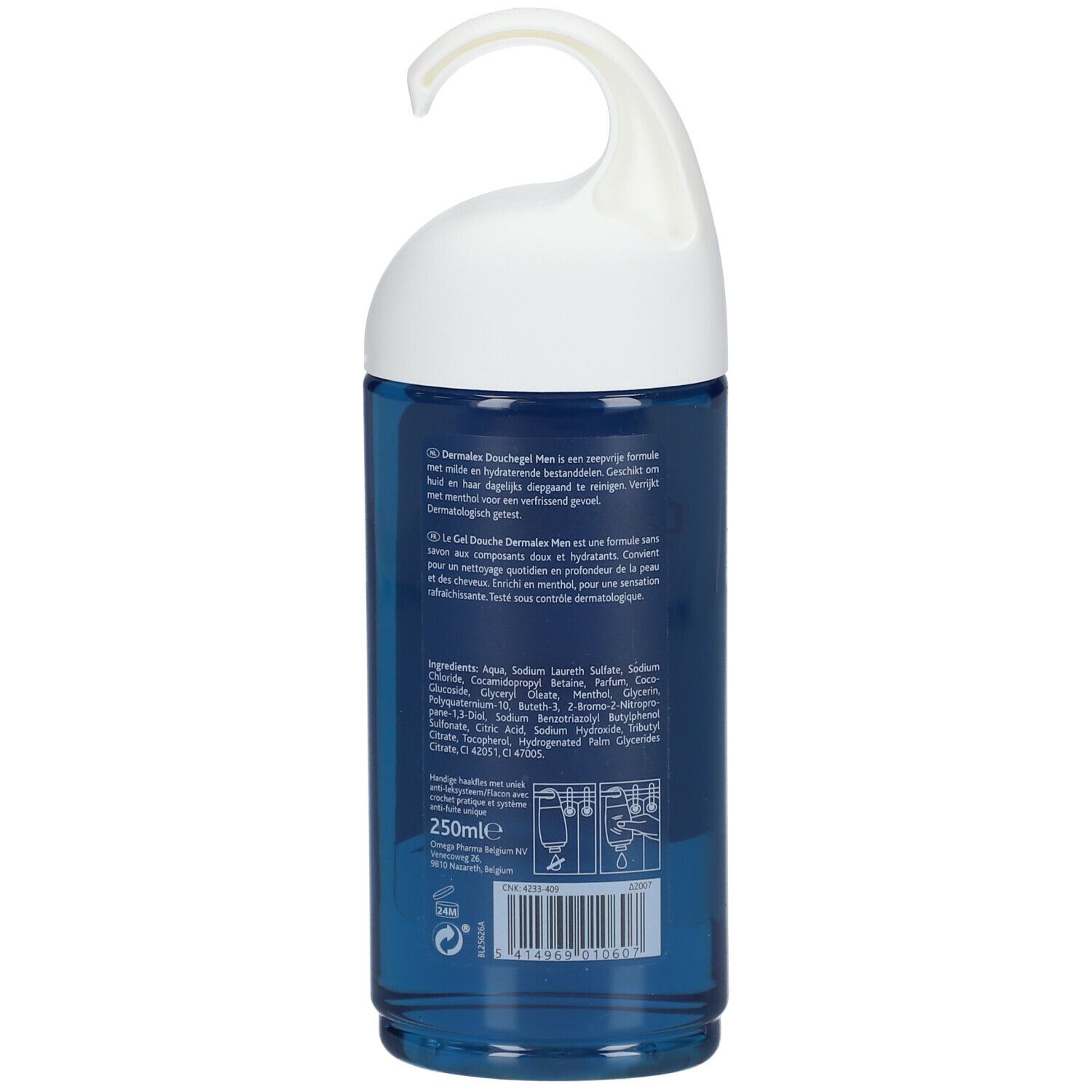 Dos du flacon de gel douche. Texte en plusieurs langues. Ingrédients et instructions.