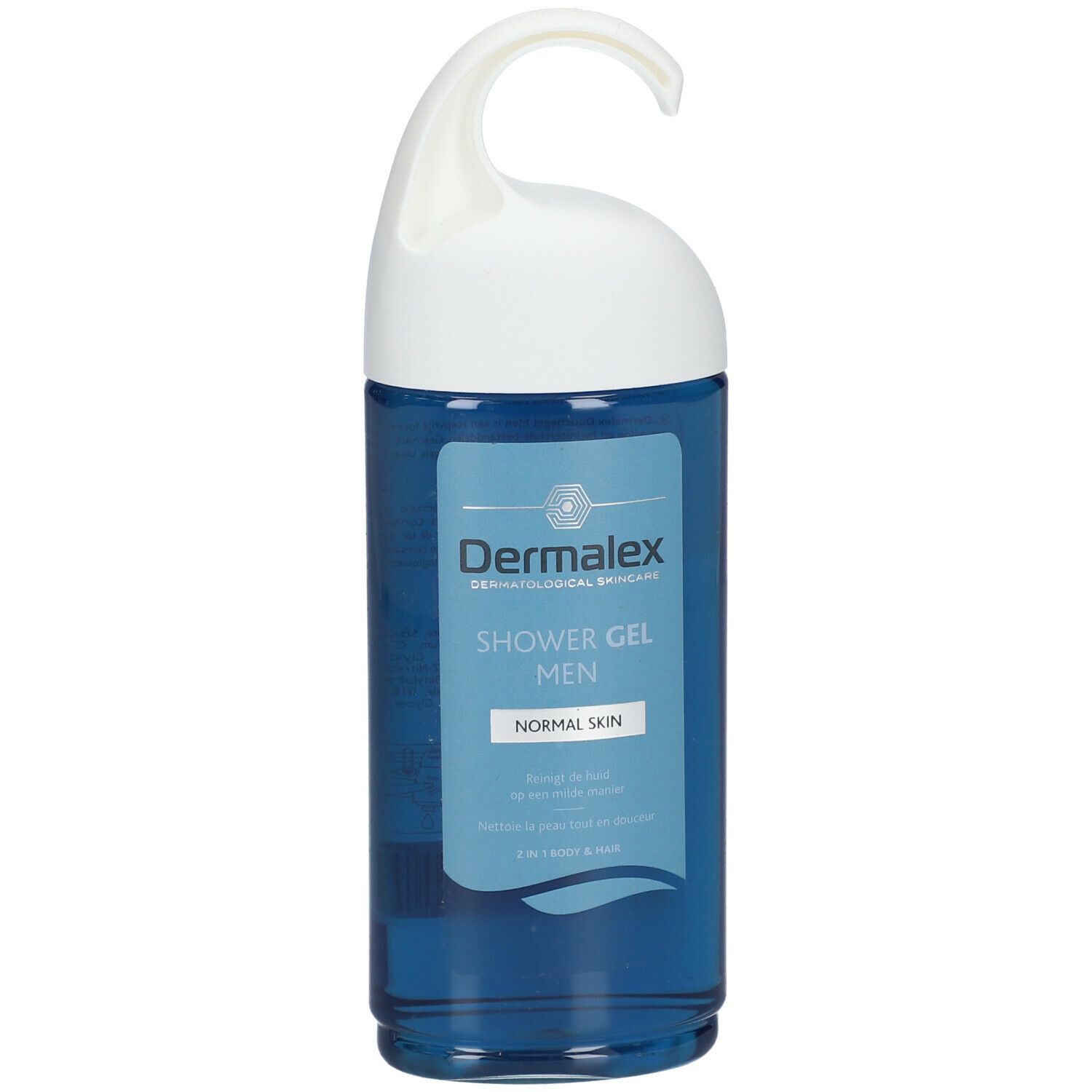 Gel douche Dermalex Men, flacon bleu avec crochet blanc. Inscription: Shower Gel Men, Normal Skin.