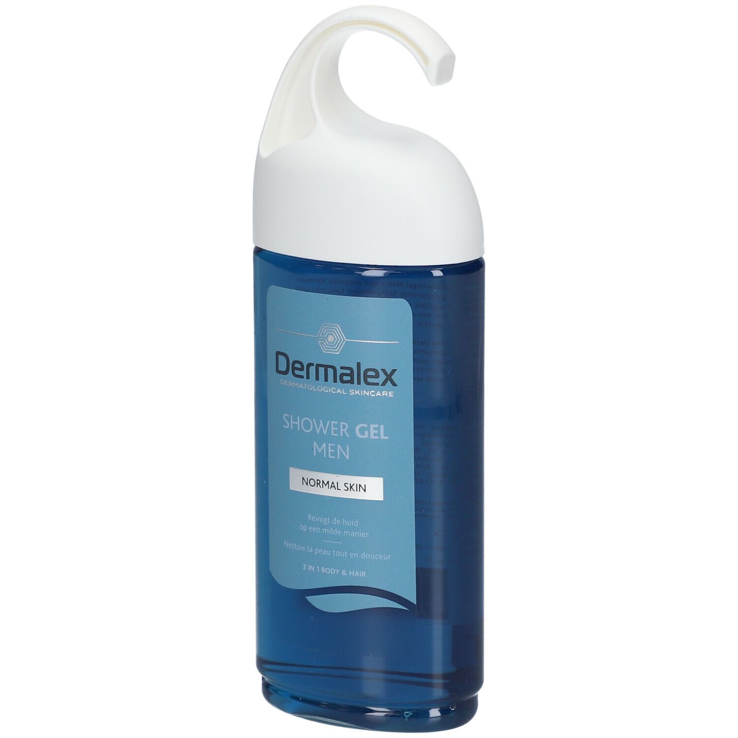 Gel douche Dermalex Men, flacon bleu avec crochet blanc. Inscription: Shower Gel Men, Normal Skin.