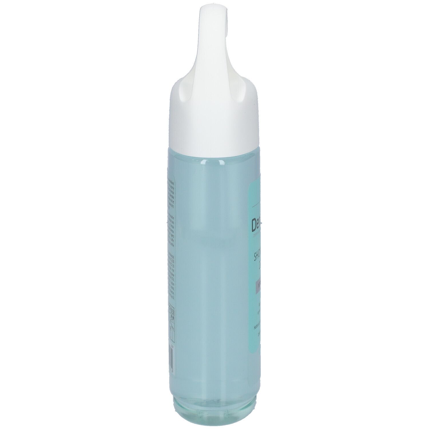 Flacon de gel douche Dermalex, vue latérale. Crochet blanc. Liquide clair. Texte sur l'étiquette.