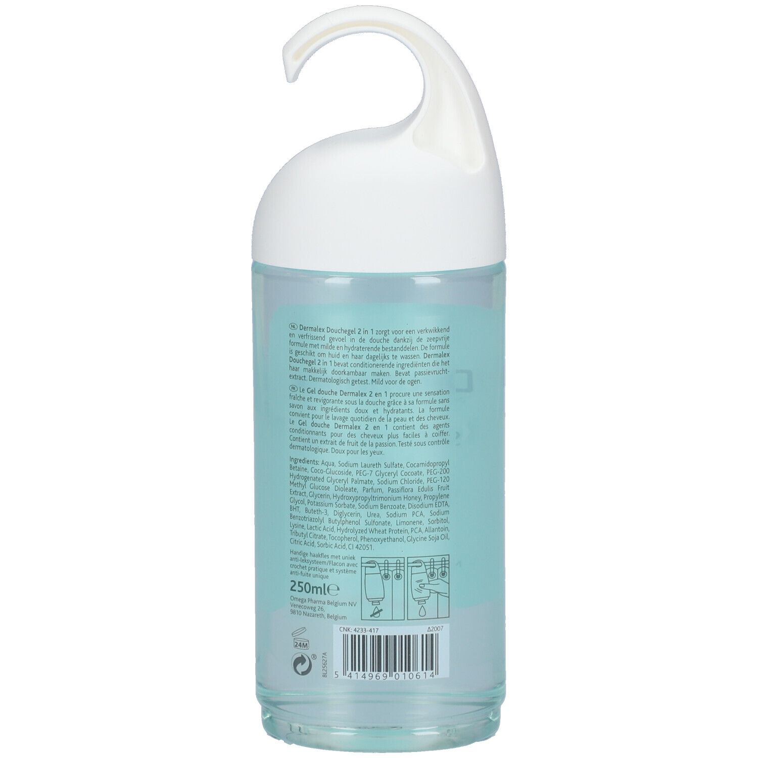 Dos du flacon de gel douche Dermalex. Texte et ingrédients sur étiquette bleu clair. Liquide transparent visible.
