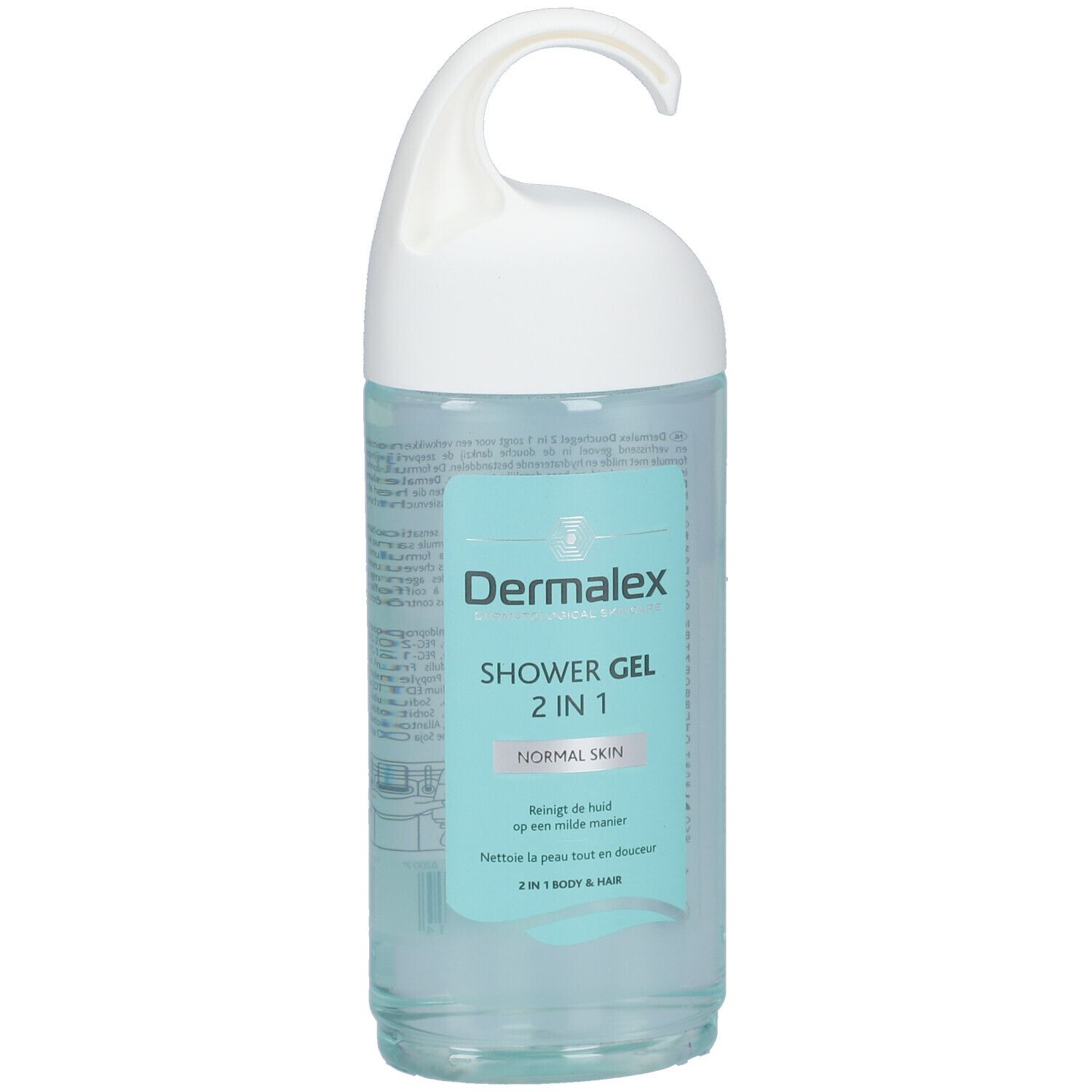 Flacon de gel douche Dermalex légèrement incliné. Crochet blanc. Inscription: Shower Gel 2 en 1, Normal Skin. Liquide clair.