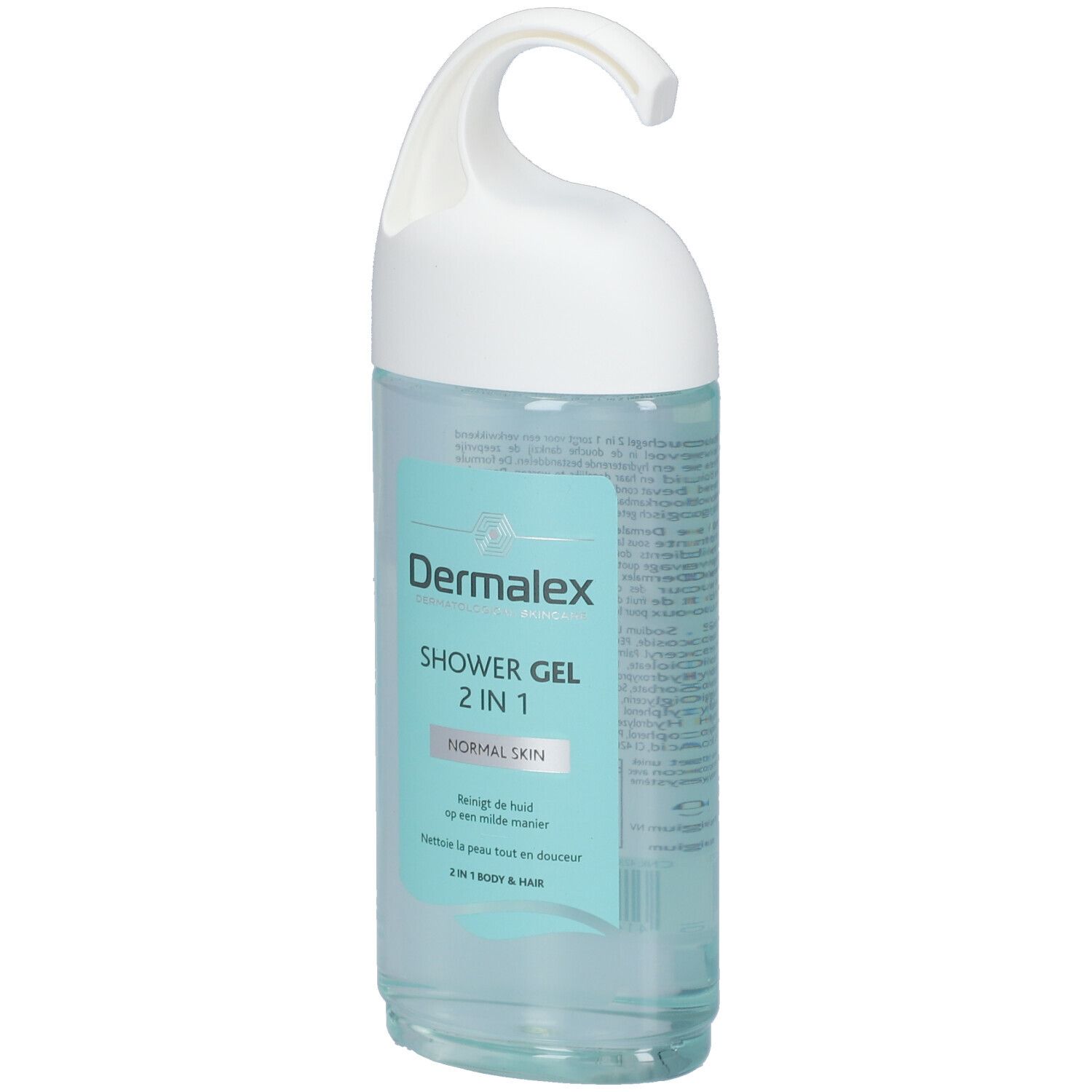 Flacon de gel douche Dermalex en biais. Crochet blanc. Inscription: Shower Gel 2 en 1, Normal Skin. Liquide clair visible.