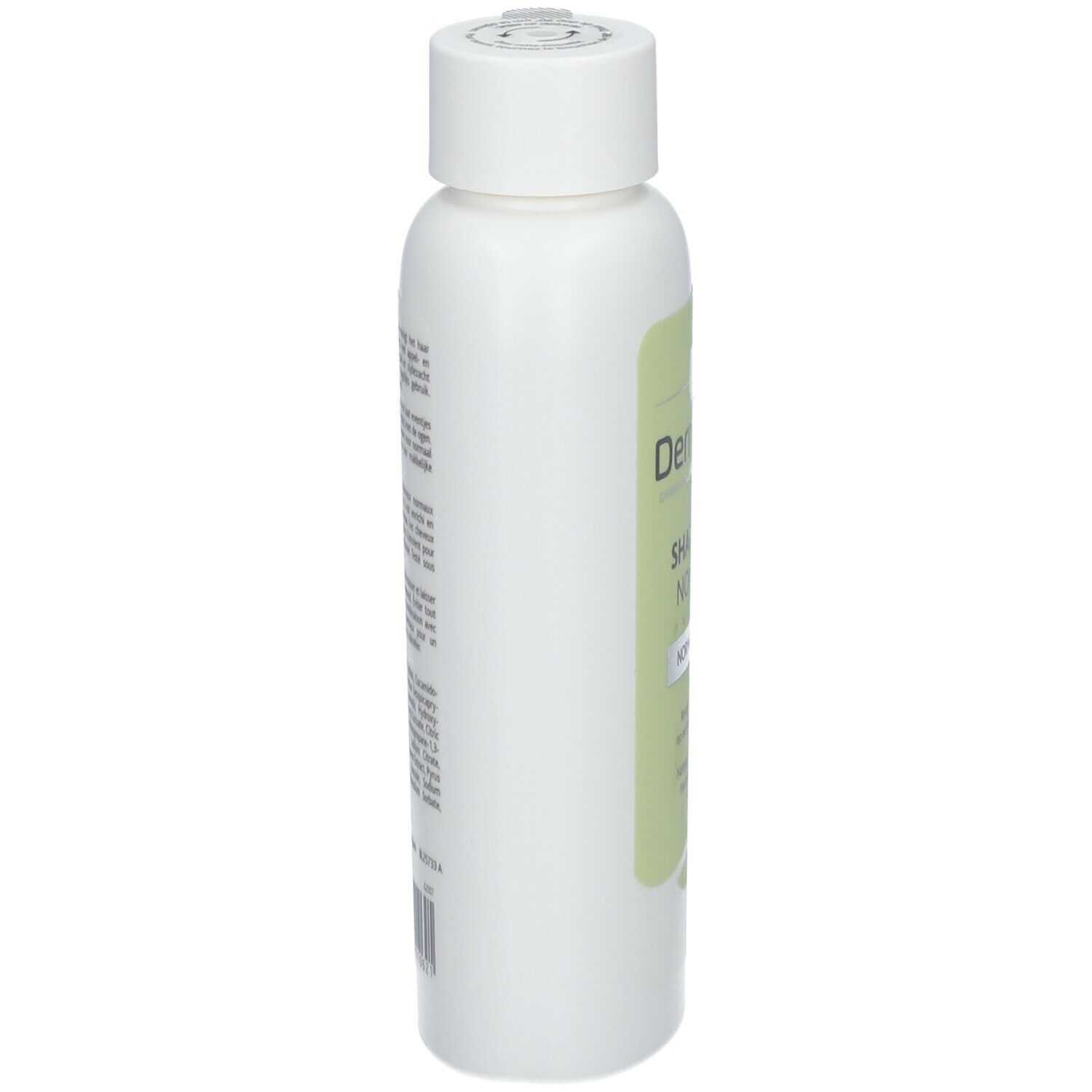 Weiße Shampoo-Flasche, Seitenansicht. Grünes Etikett mit Text. Weißer Deckel mit Öffnung.