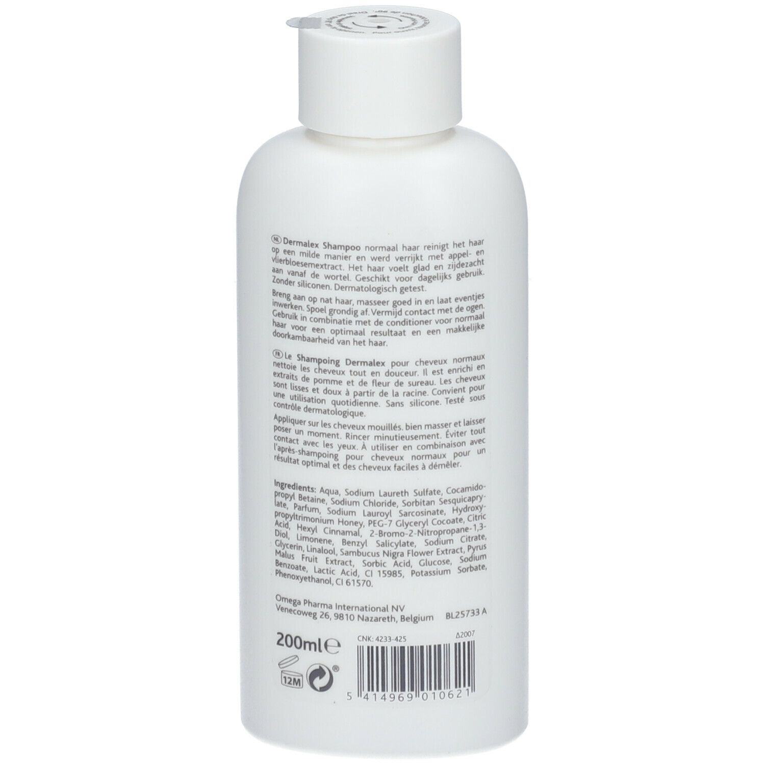 Rückseite einer weißen Shampoo-Flasche. Text in mehreren Sprachen. 200ml Volumenangabe. Inhaltsstoffe.