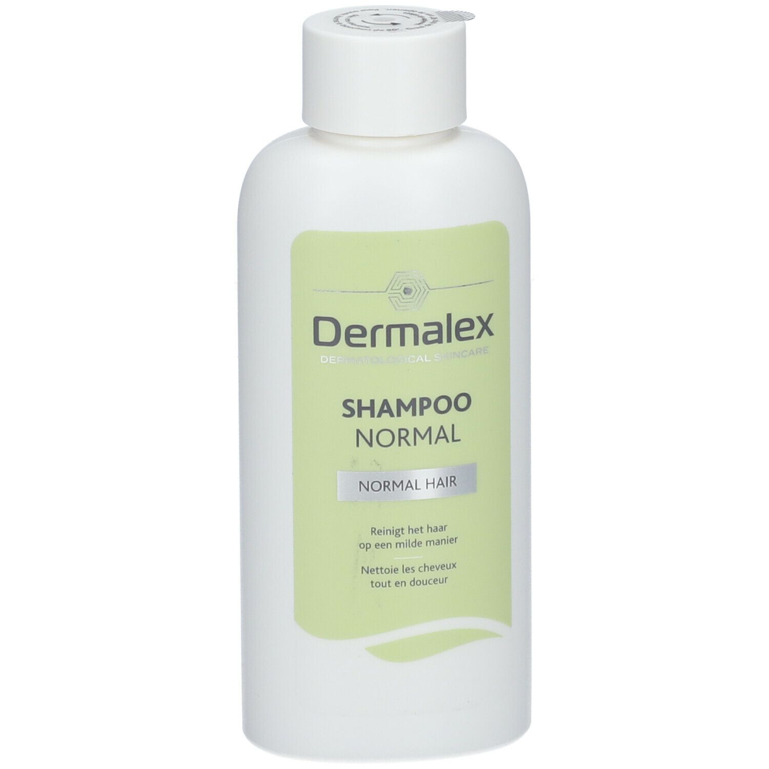 Weiße Shampoo-Flasche mit grünem Etikett. Aufschrift: Dermalex Shampoo Normal. Deckel mit Öffnung.