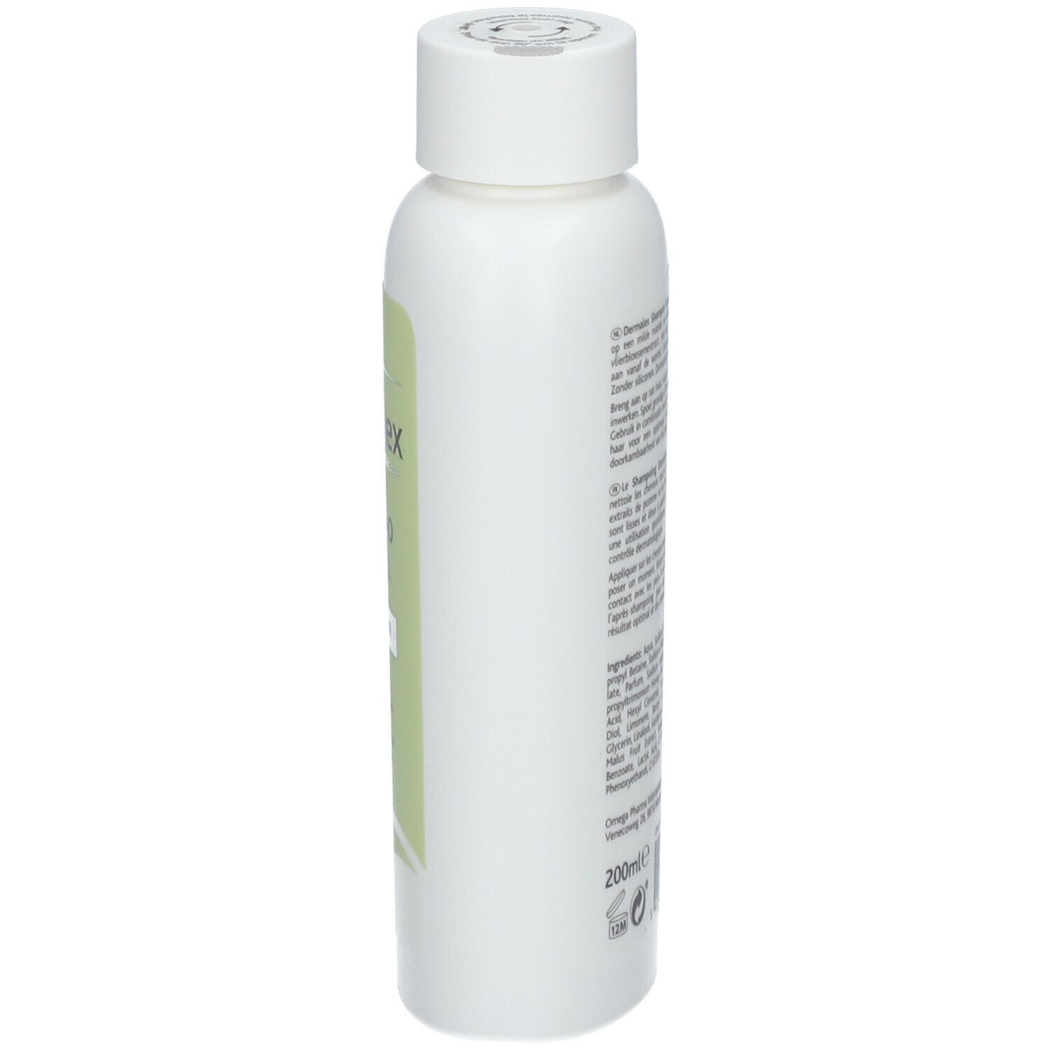 Weiße Shampoo-Flasche, Seitenansicht. Grünes Etikett mit Text. Weißer Deckel mit Öffnung. 200ml.
