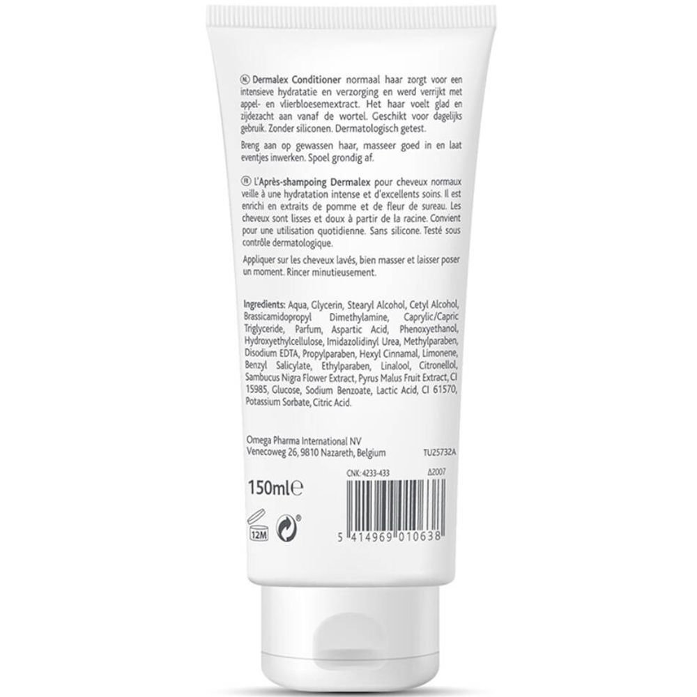 Witte tube met tekst. Bevat ingrediënten, gebruiksaanwijzing en fabrikantinfo. Tekst in het Nederlands en Frans.