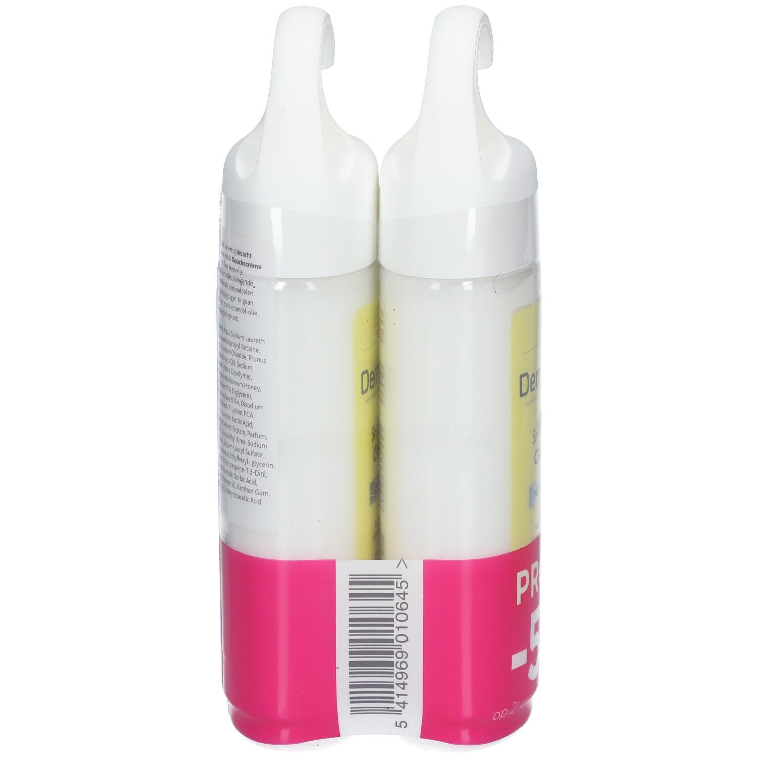 Twee douchecrèmeflessen met witte hanger, geel etiket en roze basis. Streepjescode.
