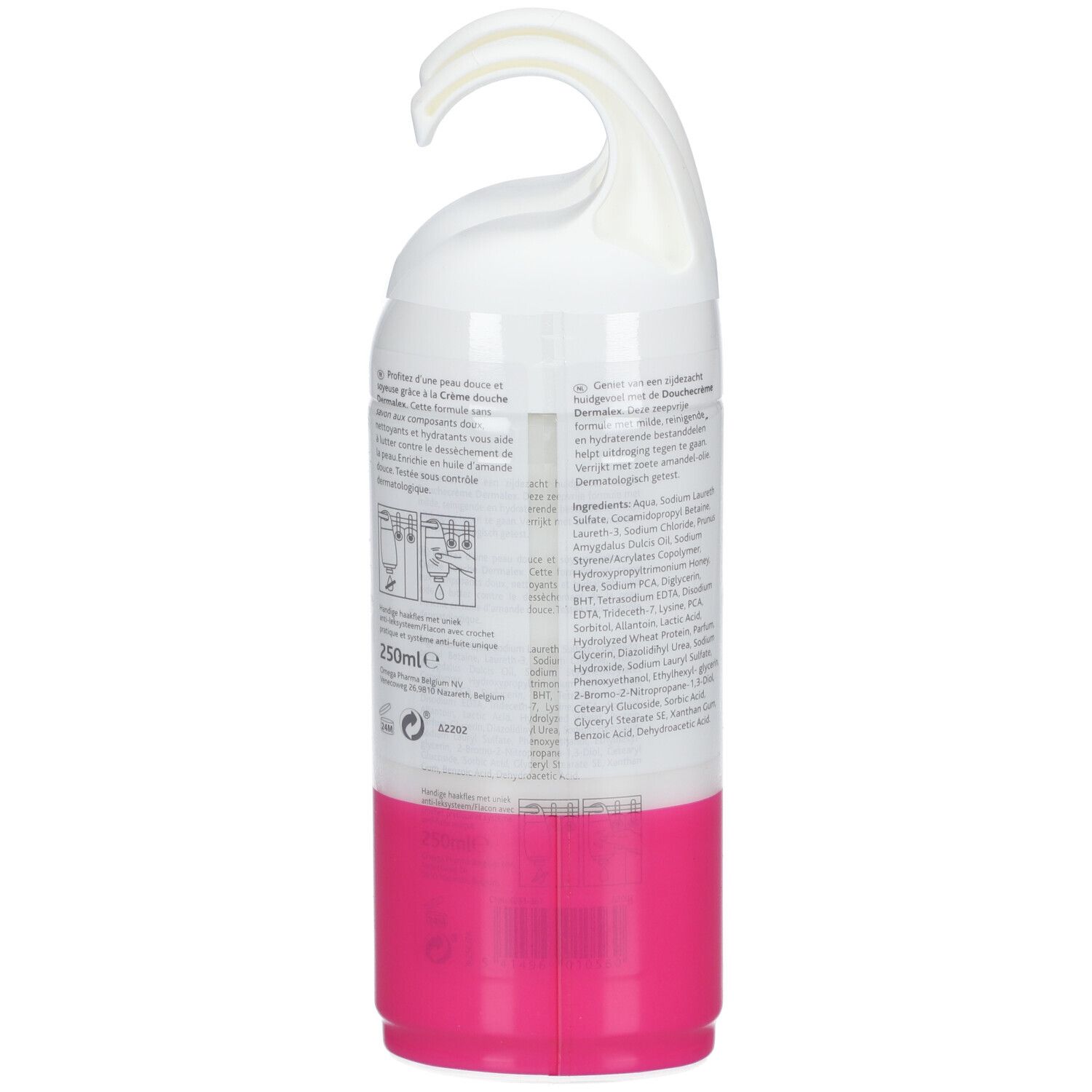 Douchecrèmefles met witte hanger en roze basis. Tekst en ingrediënten op het etiket.