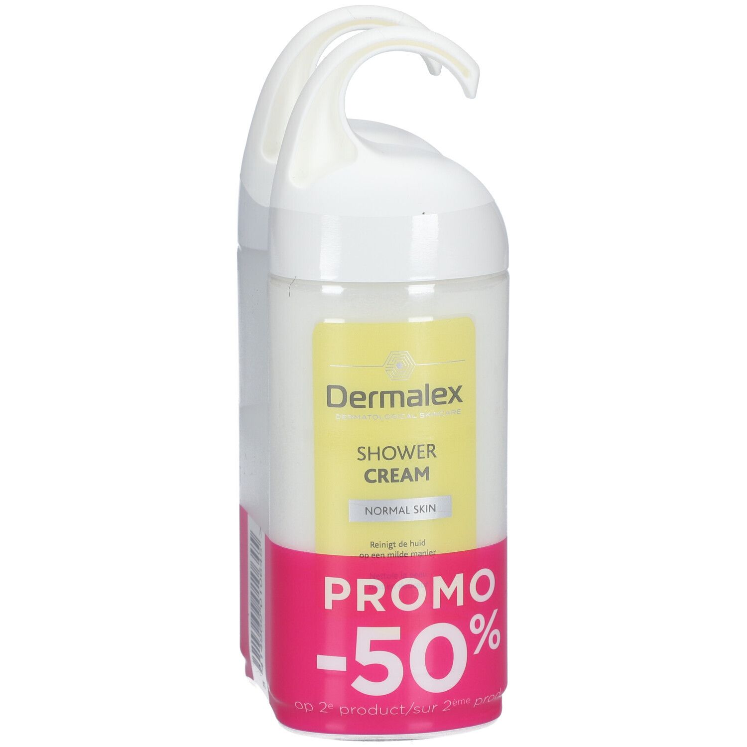 Twee douchecrèmeflessen met witte hanger, geel etiket en roze basis. Promo -50%.