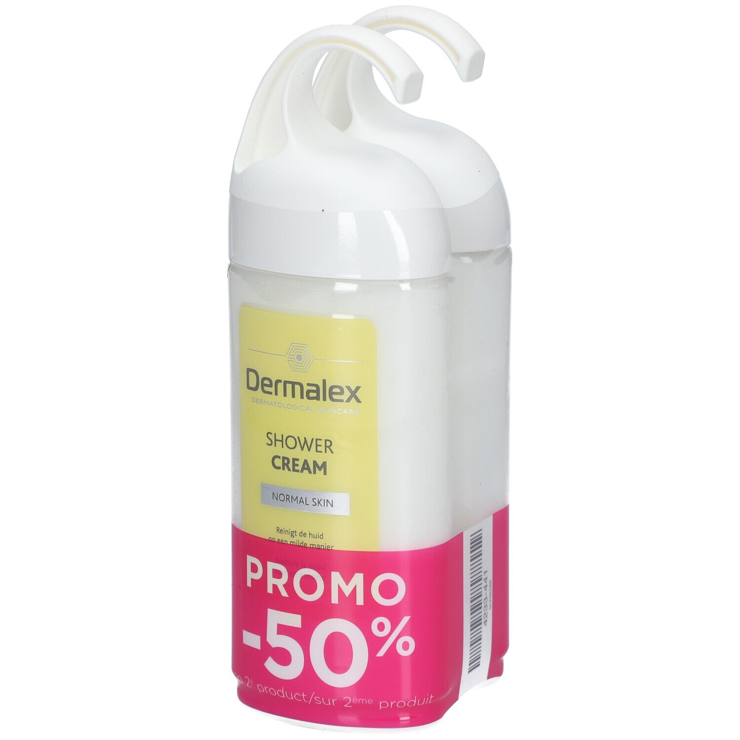 Twee douchecrèmeflessen met witte hanger, geel etiket en roze basis. Promo -50%.