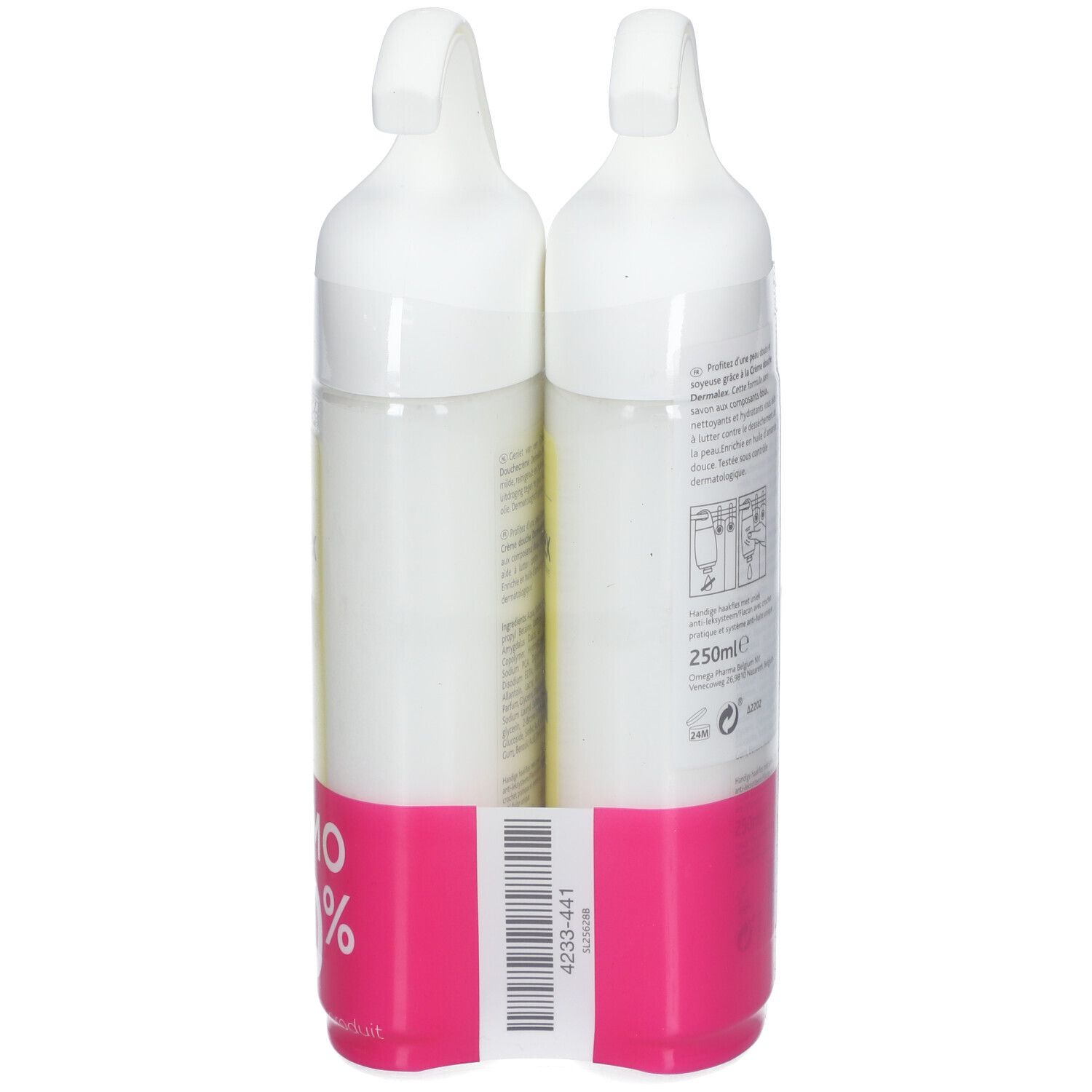 Twee douchecrèmeflessen met witte hanger, geel etiket en roze basis. Streepjescode.