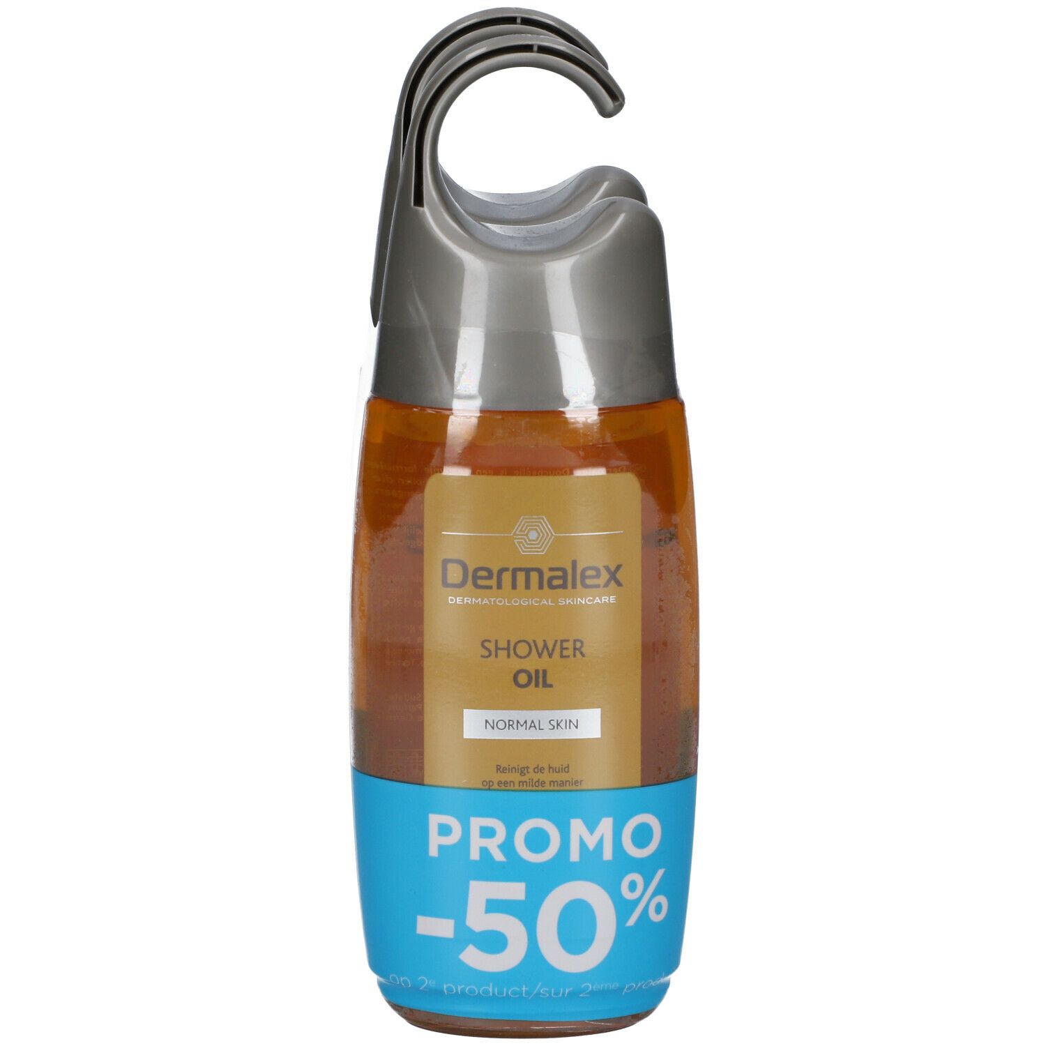 Dermalex Shower Oil fles met ophanghaak. Label met productnaam, huidtype en -50% promo. Transparante vloeistof.