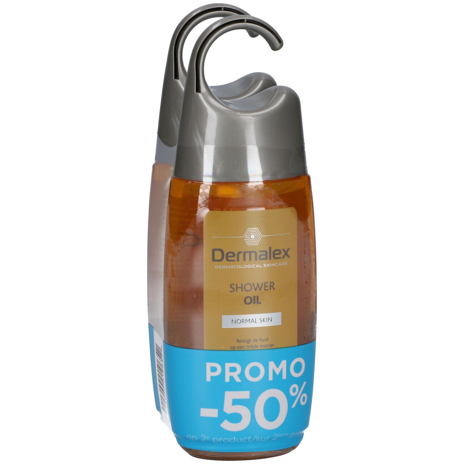 Twee Dermalex Shower Oil flessen in verpakking. Label met productnaam, huidtype en -50% promo. Transparante vloeistof.