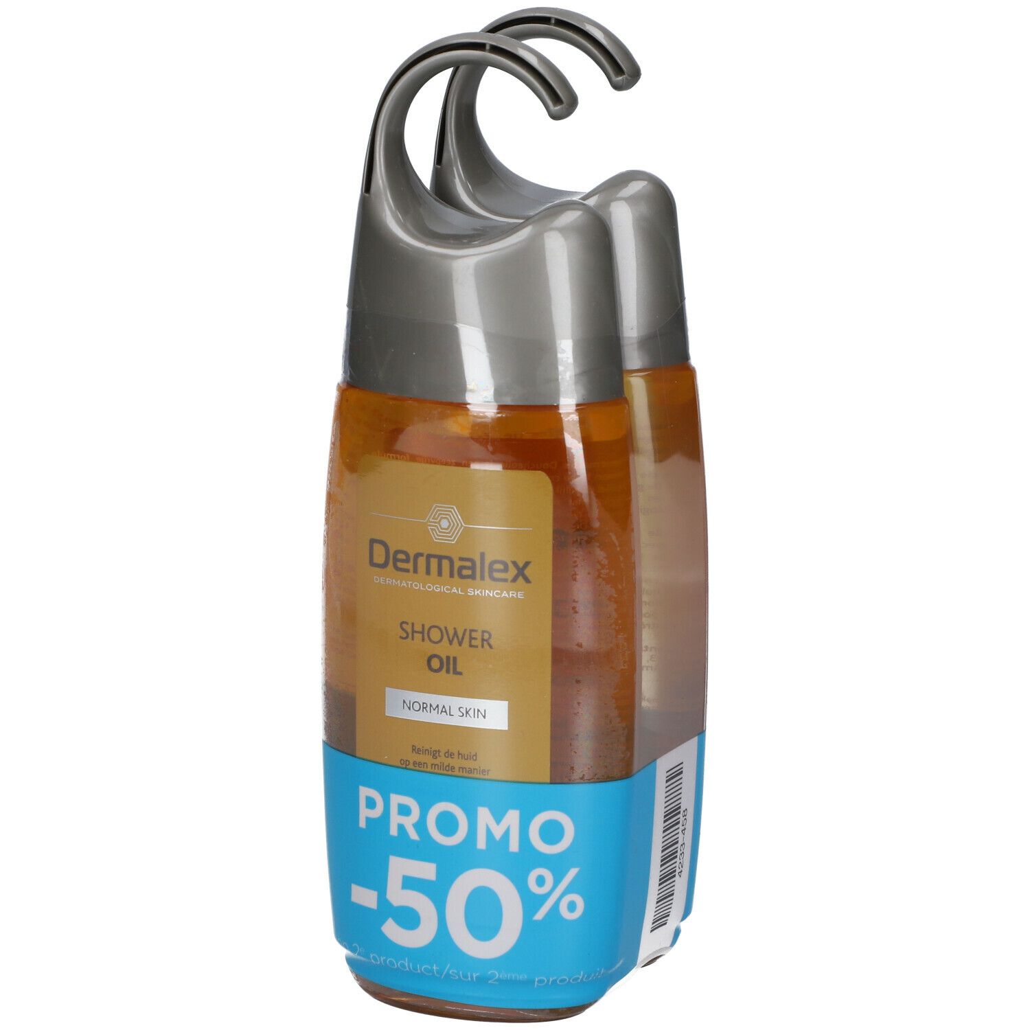 Twee Dermalex Shower Oil flessen in verpakking. Label met productnaam, huidtype en -50% promo. Transparante vloeistof.