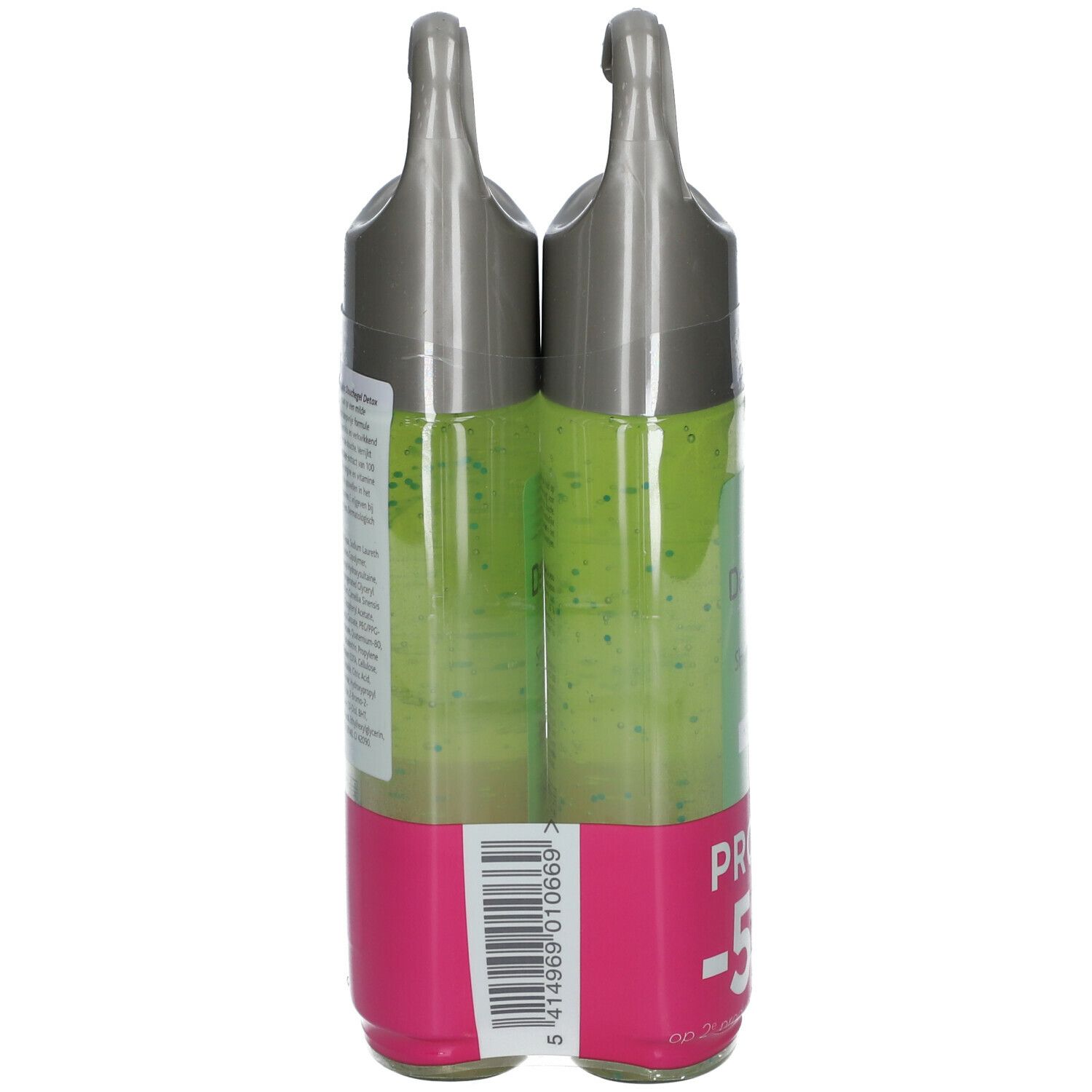 Twee douchegelflessen in verpakking. Groene inhoud, zilveren doppen en hangers. Barcode en 'PROMO -50%'.
