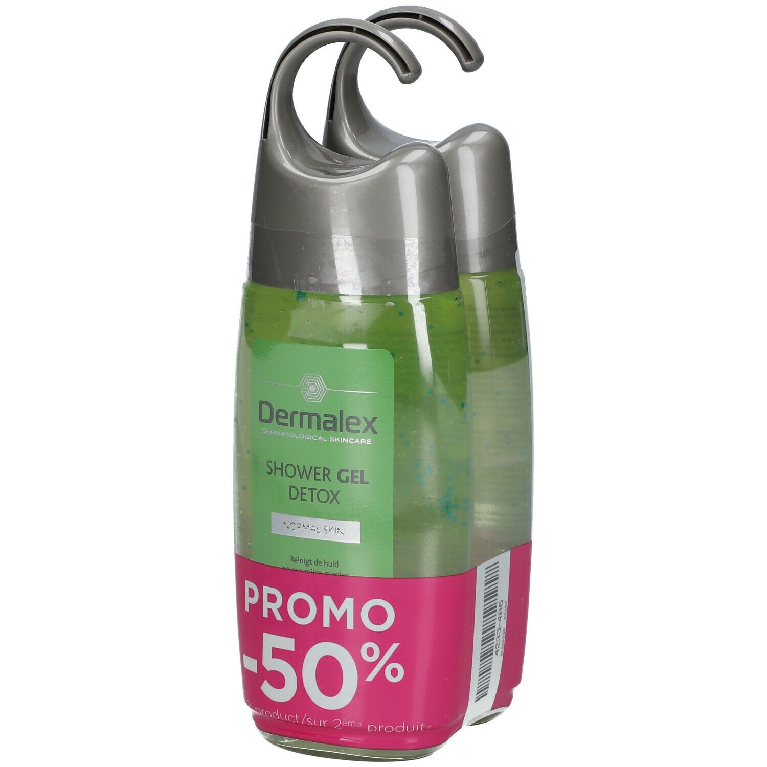 Twee douchegelflessen in verpakking. Groene inhoud, zilveren doppen en hangers. Etiket met Dermalex-logo en 'PROMO -50%'.