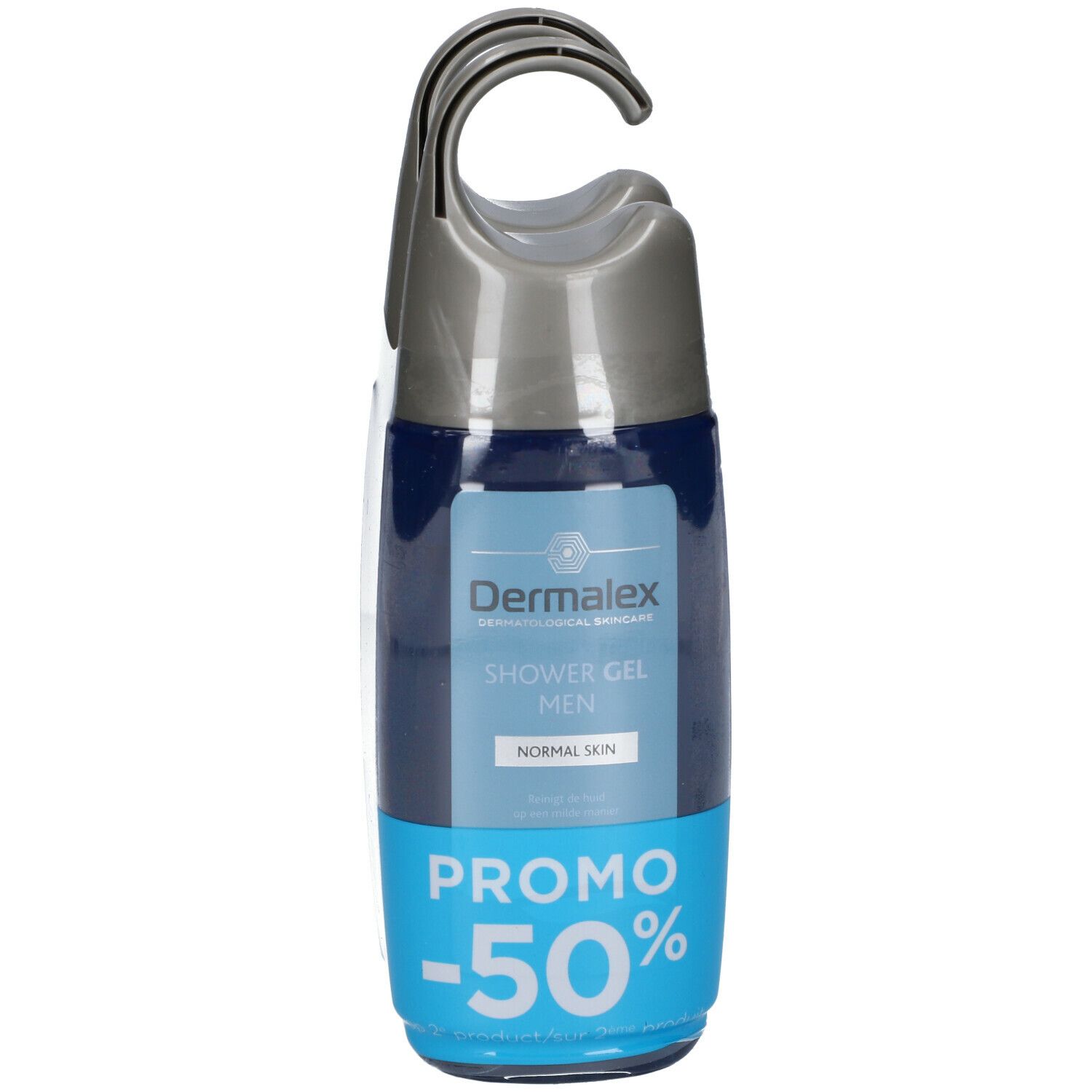 Dermalex Duschgel Men, blauwe fles met hanger. Tekst: Shower Gel Men, Normal Skin, Promo -50%.