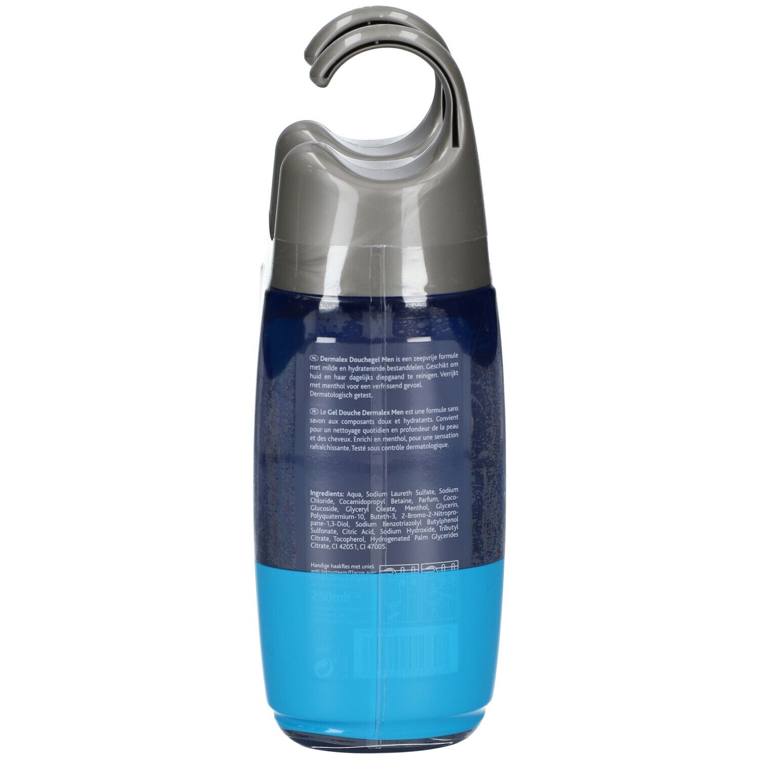 Achterkant van de Dermalex Duschgel Men fles. Blauwe vloeistof, tekst en barcode. Hanger.