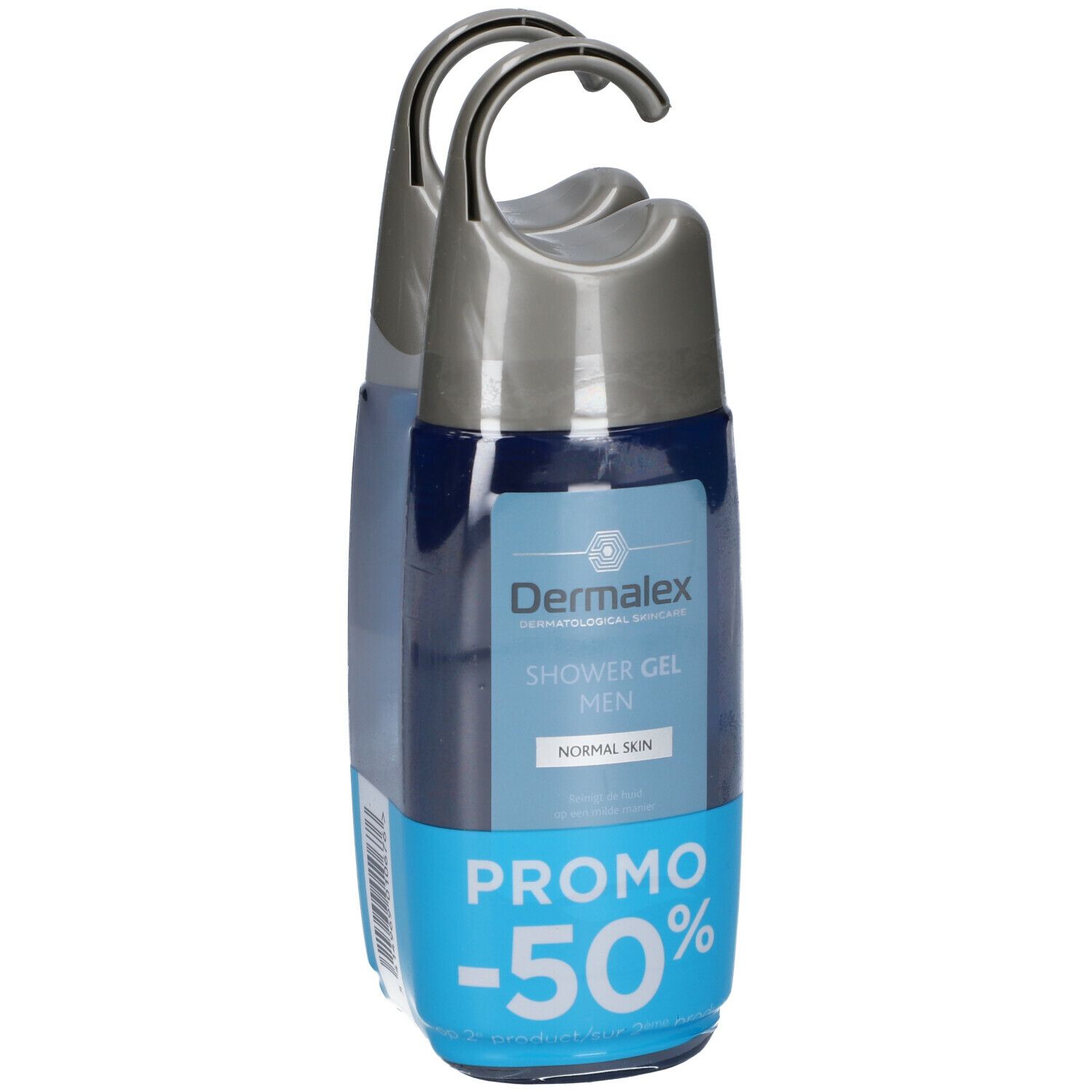 Twee Dermalex Duschgel Men flessen, blauw met hangers. Tekst: Shower Gel Men, Normal Skin, Promo -50%.