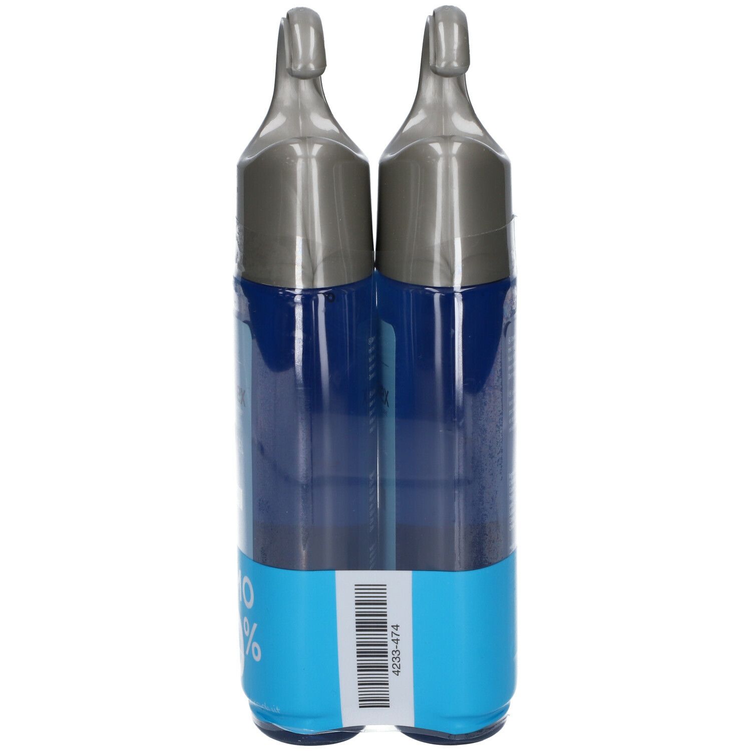 Achterkant van twee Dermalex Duschgel Men flessen. Blauwe vloeistof, barcode en hangers.