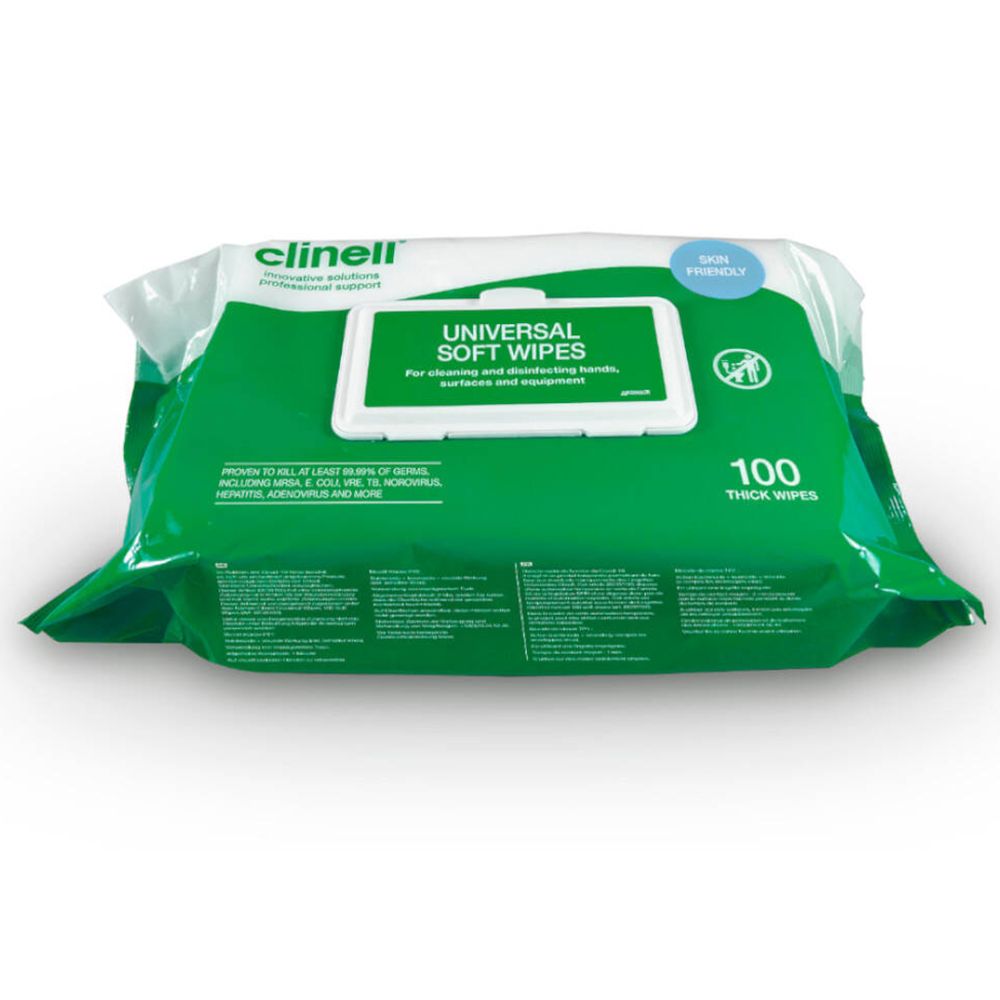 Emballage vert avec "Clinell" et "Universal Soft Wipes". Contient 100 lingettes. Doux pour la peau.