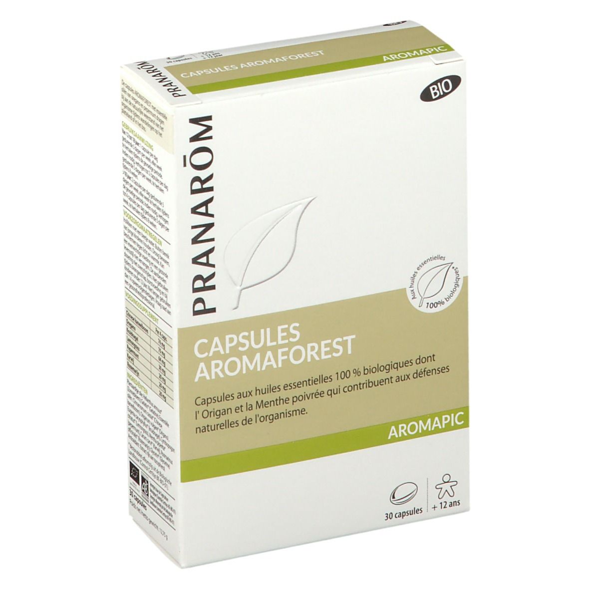 Boîte de capsules Aromaforest. Carton blanc et vert. Texte: PRANAROM, CAPSULES AROMAFOREST, AROMAPIC, label BIO, 30 capsules, +12 ans.