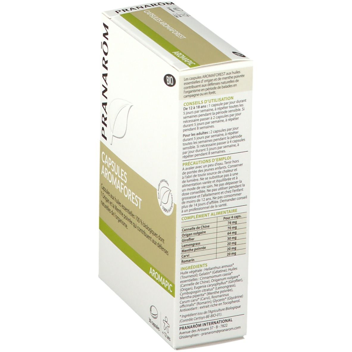 Dos de la boîte de capsules Aromaforest. Carton blanc avec texte et liste d'ingrédients. Texte: PRANAROM, CAPSULES AROMAFOREST, AROMAPIC, label BIO.