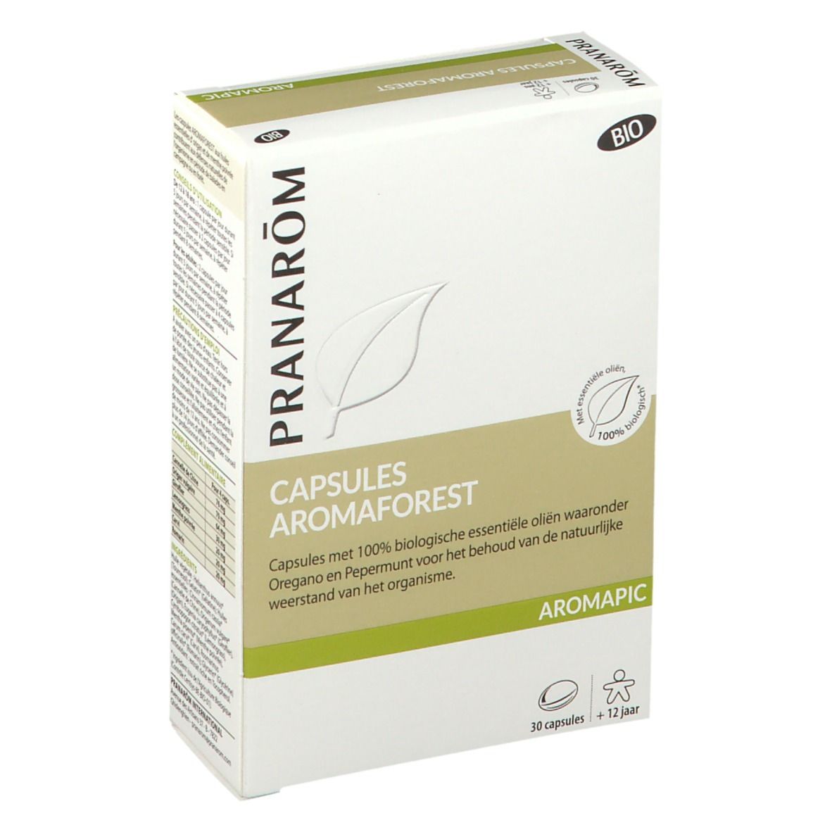 Boîte de capsules Aromaforest. Carton blanc et vert. Texte: PRANAROM, CAPSULES AROMAFOREST, AROMAPIC, label BIO, 30 capsules, +12 ans.
