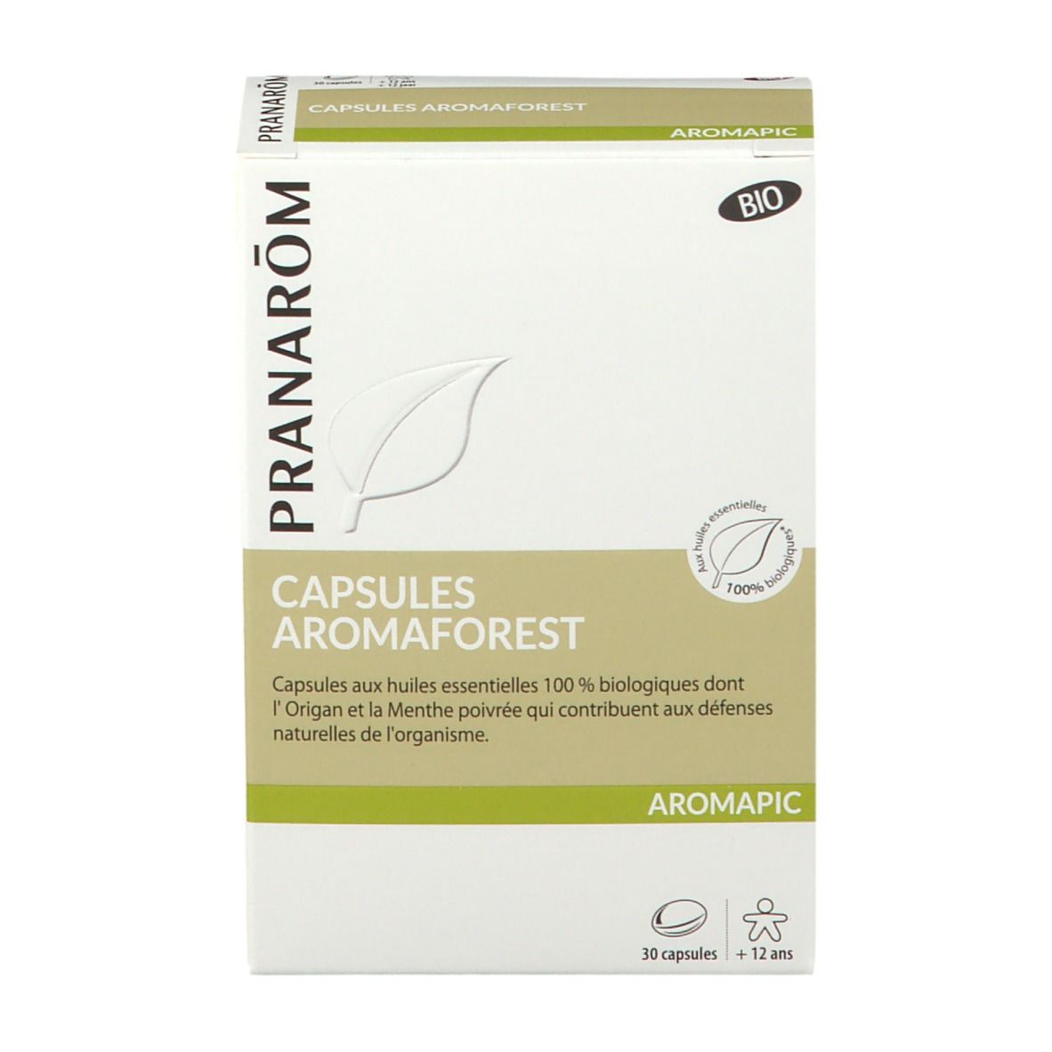 Boîte de capsules Aromaforest. Carton blanc et vert. Texte: PRANAROM, CAPSULES AROMAFOREST, AROMAPIC, label BIO, 30 capsules, +12 ans.