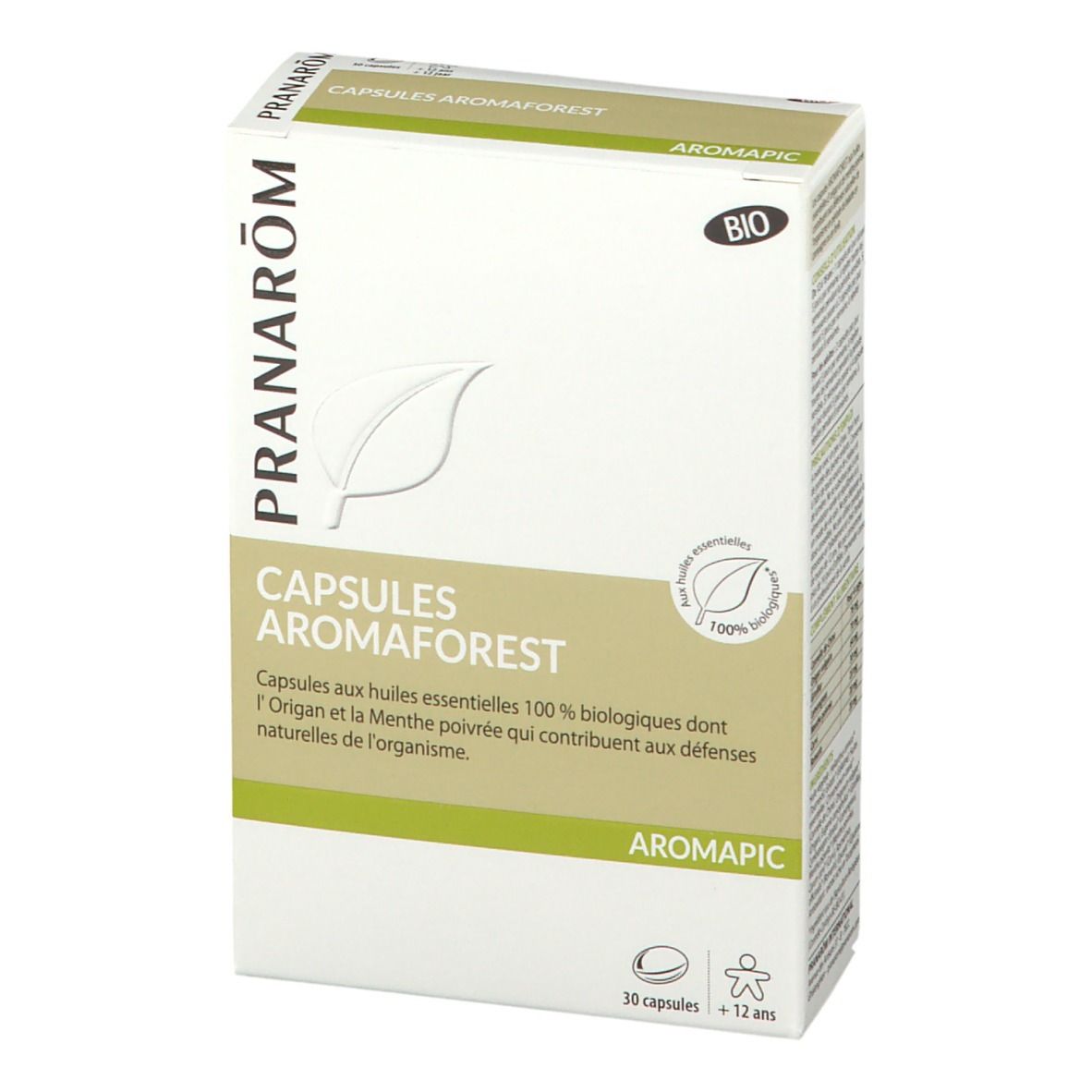 Boîte de capsules Aromaforest. Carton blanc et vert. Texte: PRANAROM, CAPSULES AROMAFOREST, AROMAPIC, label BIO, 30 capsules, +12 ans.