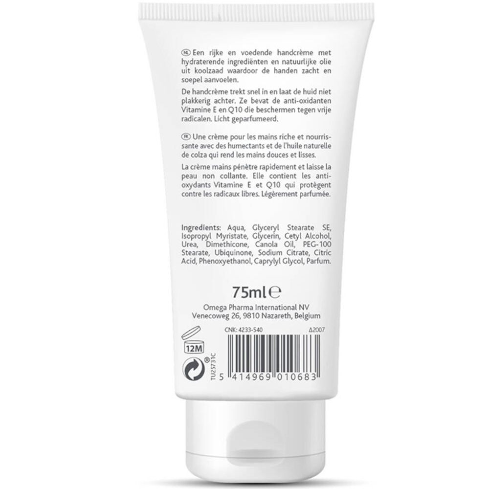 Dos de tube de crème pour les mains. Texte descriptif, ingrédients et informations fabricant. Contenance 75ml.