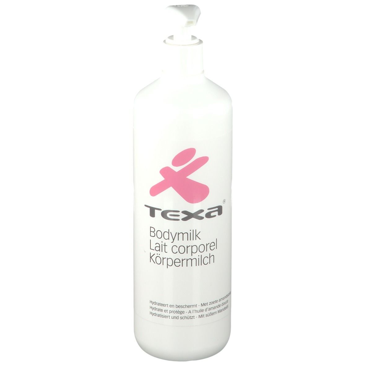 Flacon blanc avec logo rose et texte: Bodymilk, Lait corporel, Körpermilch. Avec pompe doseuse.