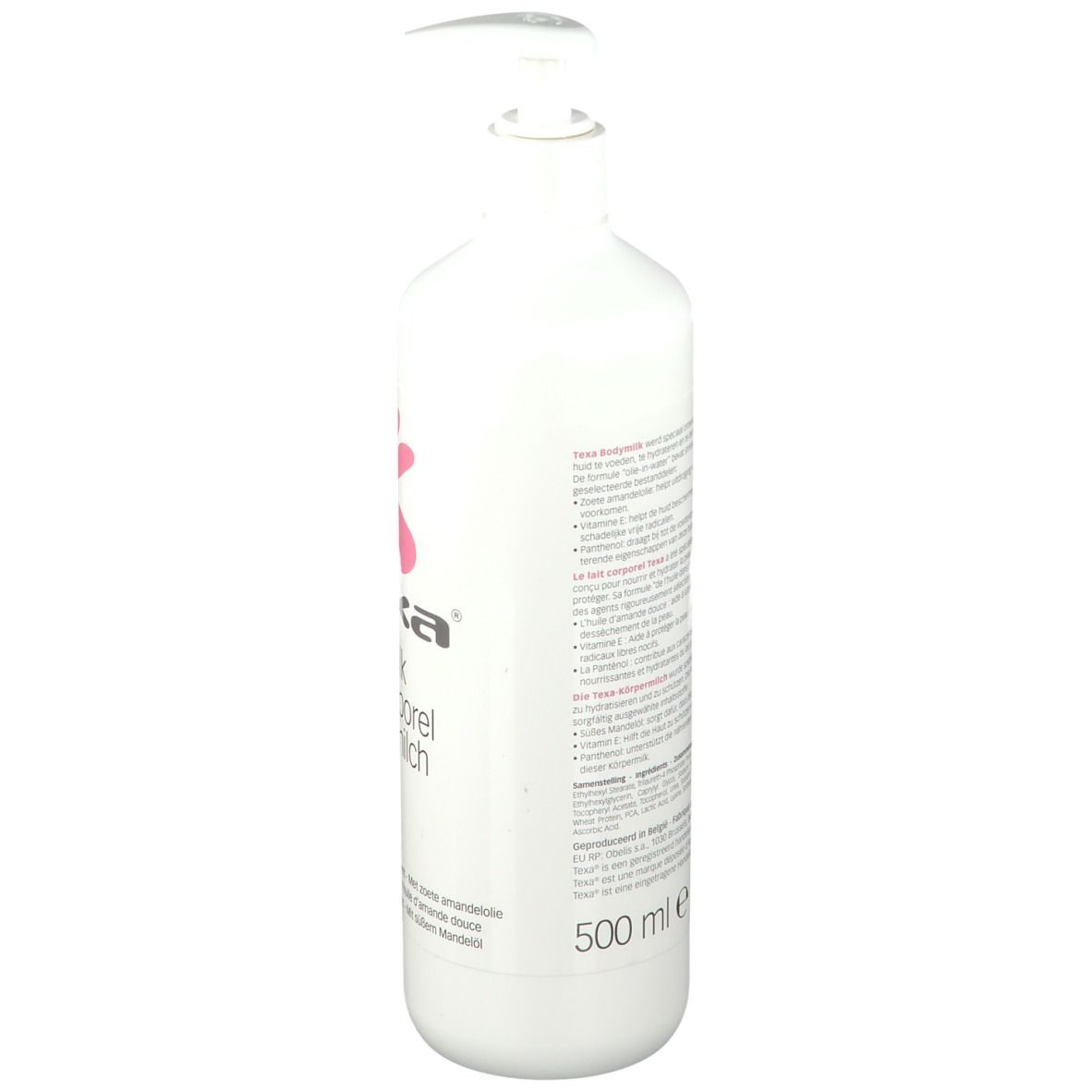 Flacon blanc avec texte et pompe doseuse. Dos avec texte. Inscription: 500 ml.