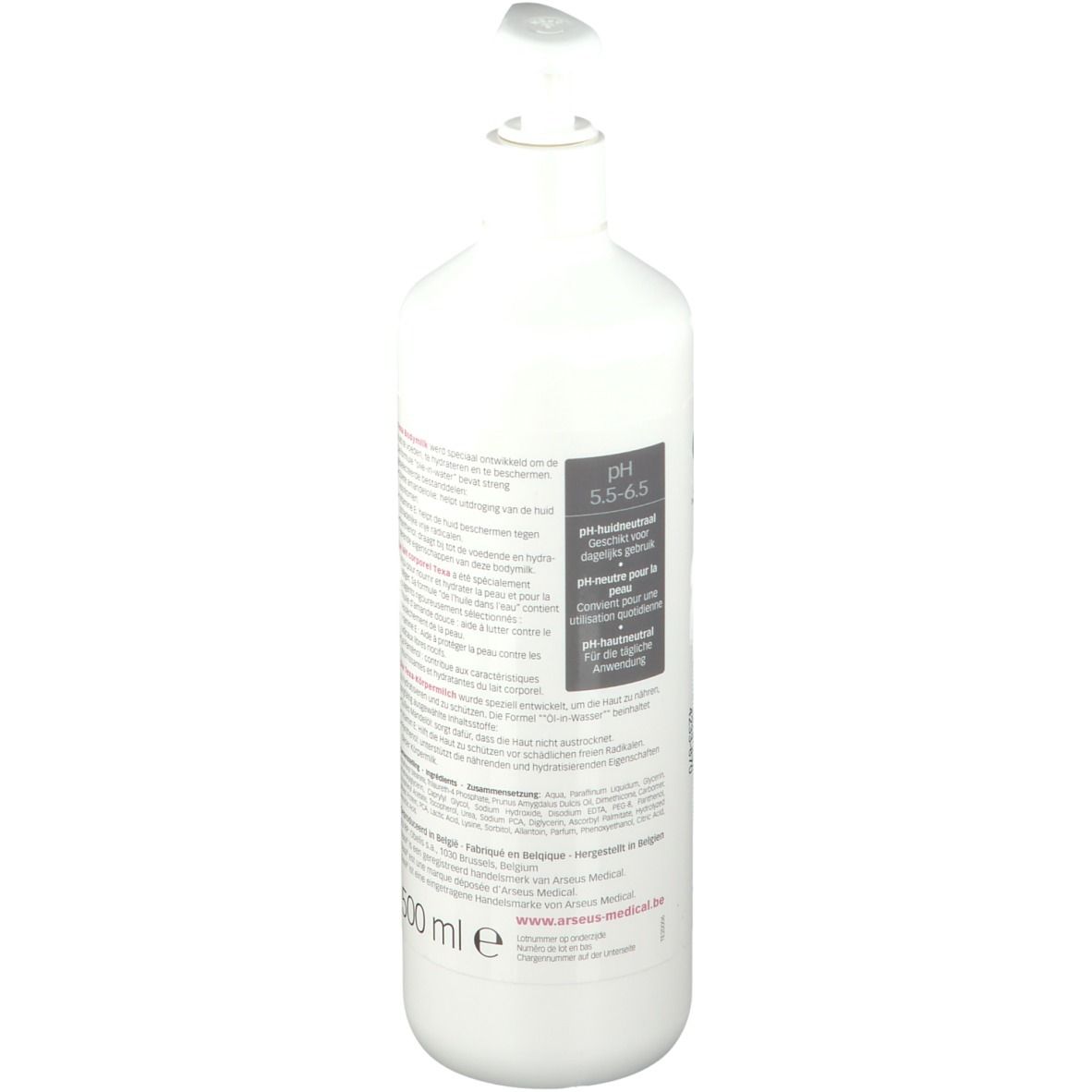 Flacon blanc avec texte et pompe doseuse. Dos avec texte et pH 5.5-6.5.