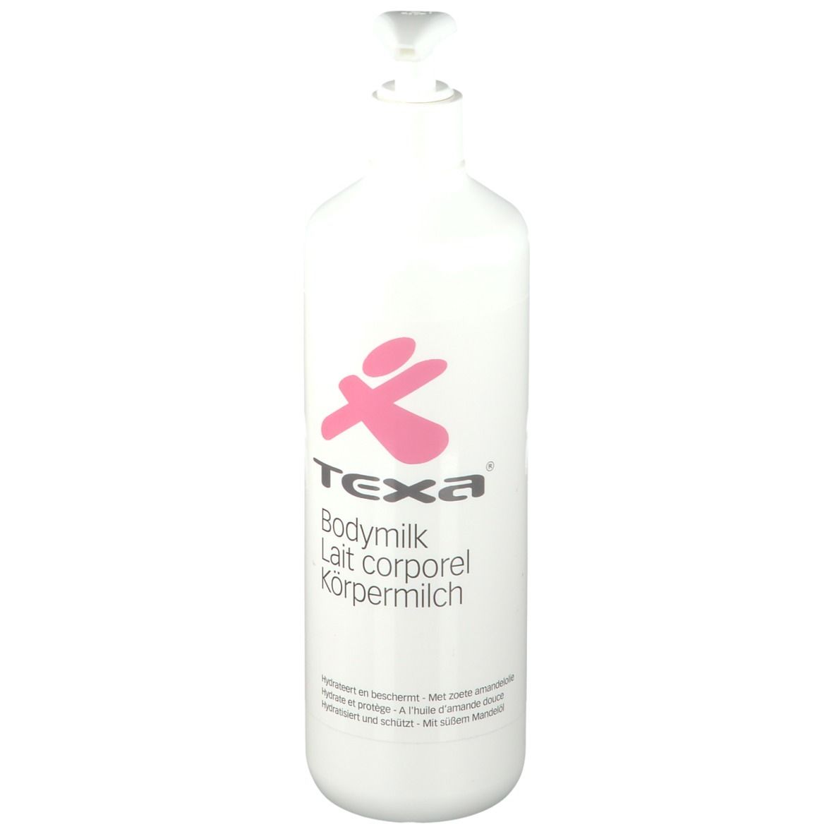 Flacon blanc avec logo rose et texte: Bodymilk, Lait corporel, Körpermilch. Avec pompe doseuse.