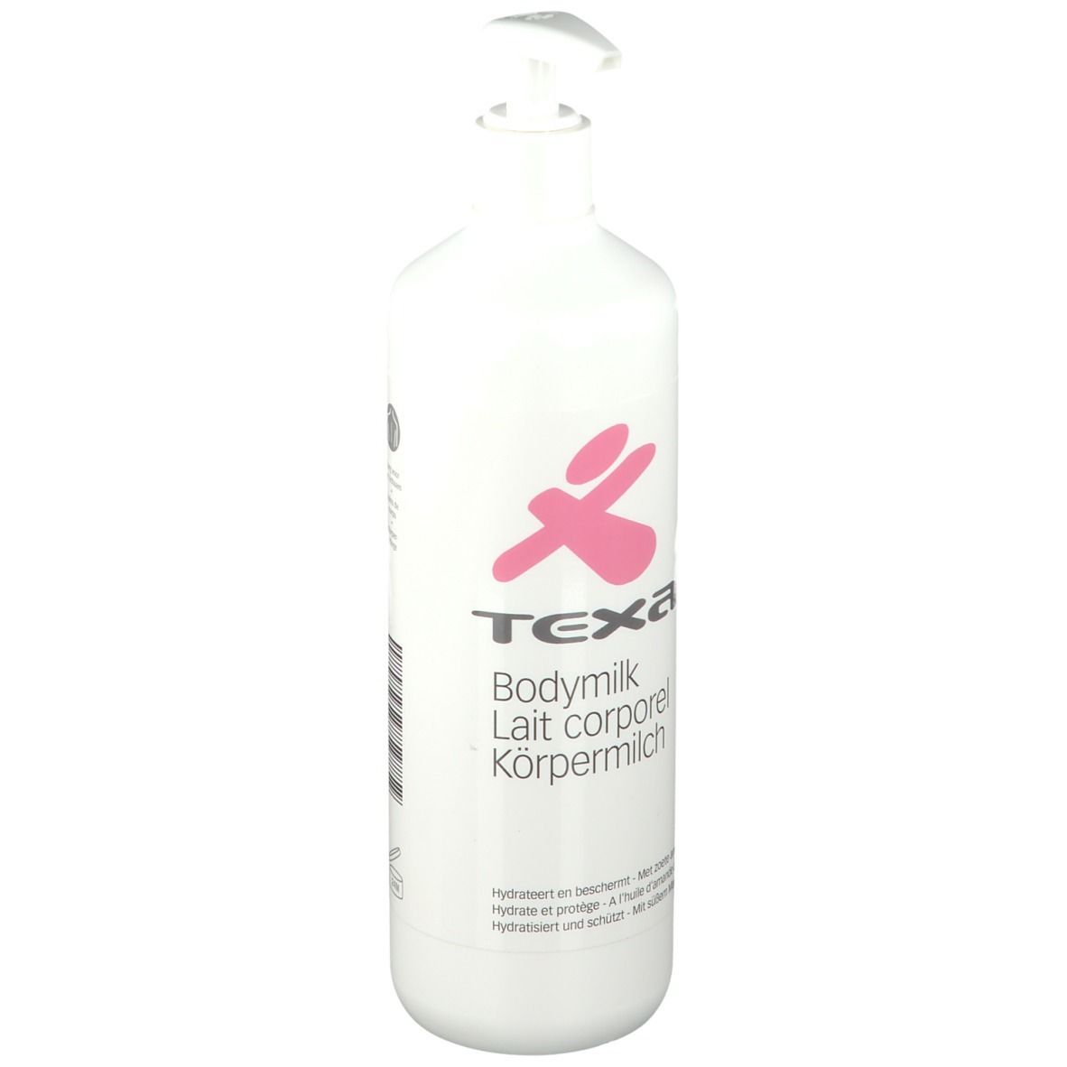 Flacon blanc avec logo rose et texte: Bodymilk, Lait corporel, Körpermilch. Avec pompe doseuse.