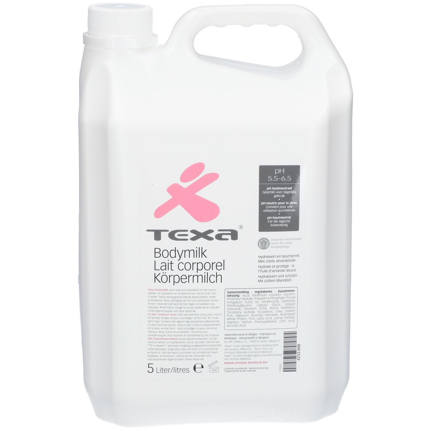 Witte kan met handvat en schroefdop. Texa® Körpermilch etiket met logo en tekst. 5 liter.