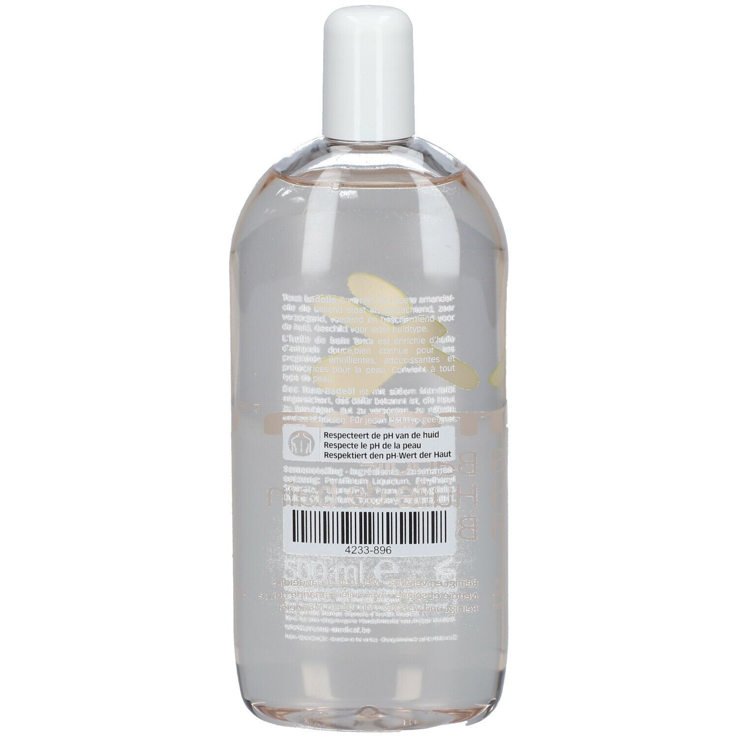 Flacon transparent avec bouchon blanc. Dos avec étiquette et code-barres. Volume : 500 ml.
