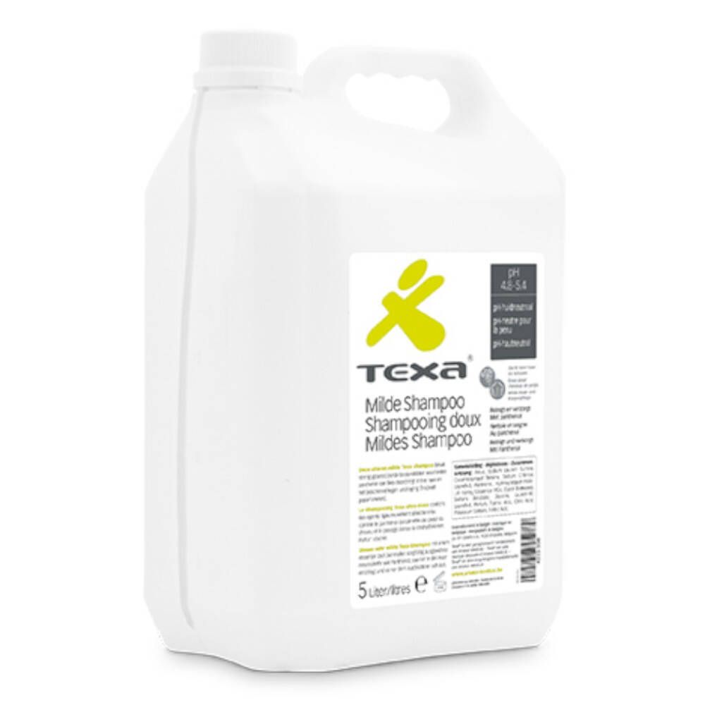 Bidon blanc avec poignée et bouchon à vis. Inscription : Texa Mildes Shampoo. 5 litres.