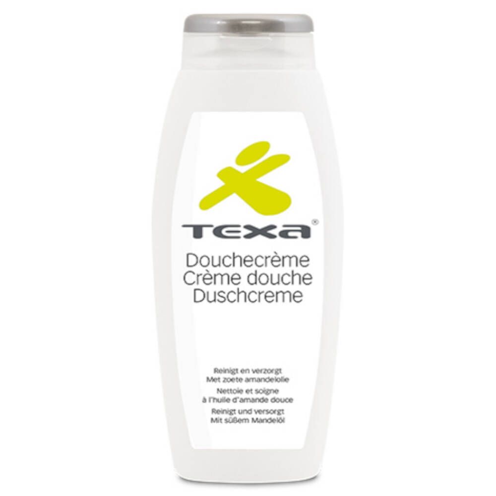 Witte Texa® Duschcreme fles met zilveren dop. Geel logo en tekst. Tekst: Duschcreme, Crème douche, Duschcreme.